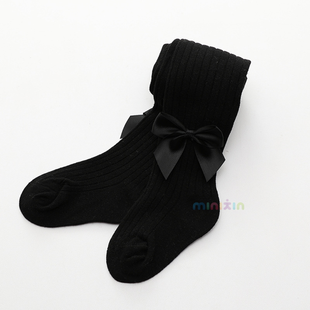 Satin Bow Ribbed Winter Tights / Stockings For Girls - The Minikin Store