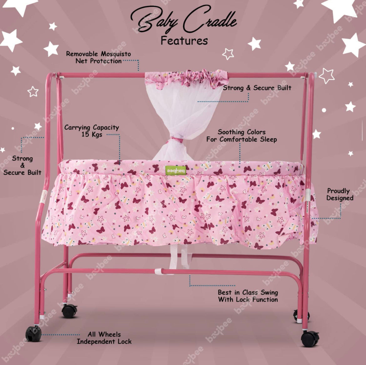 Enchant Baby Swing Cradle with Mosquito Net. 0-12M Pink - The Minikin Store