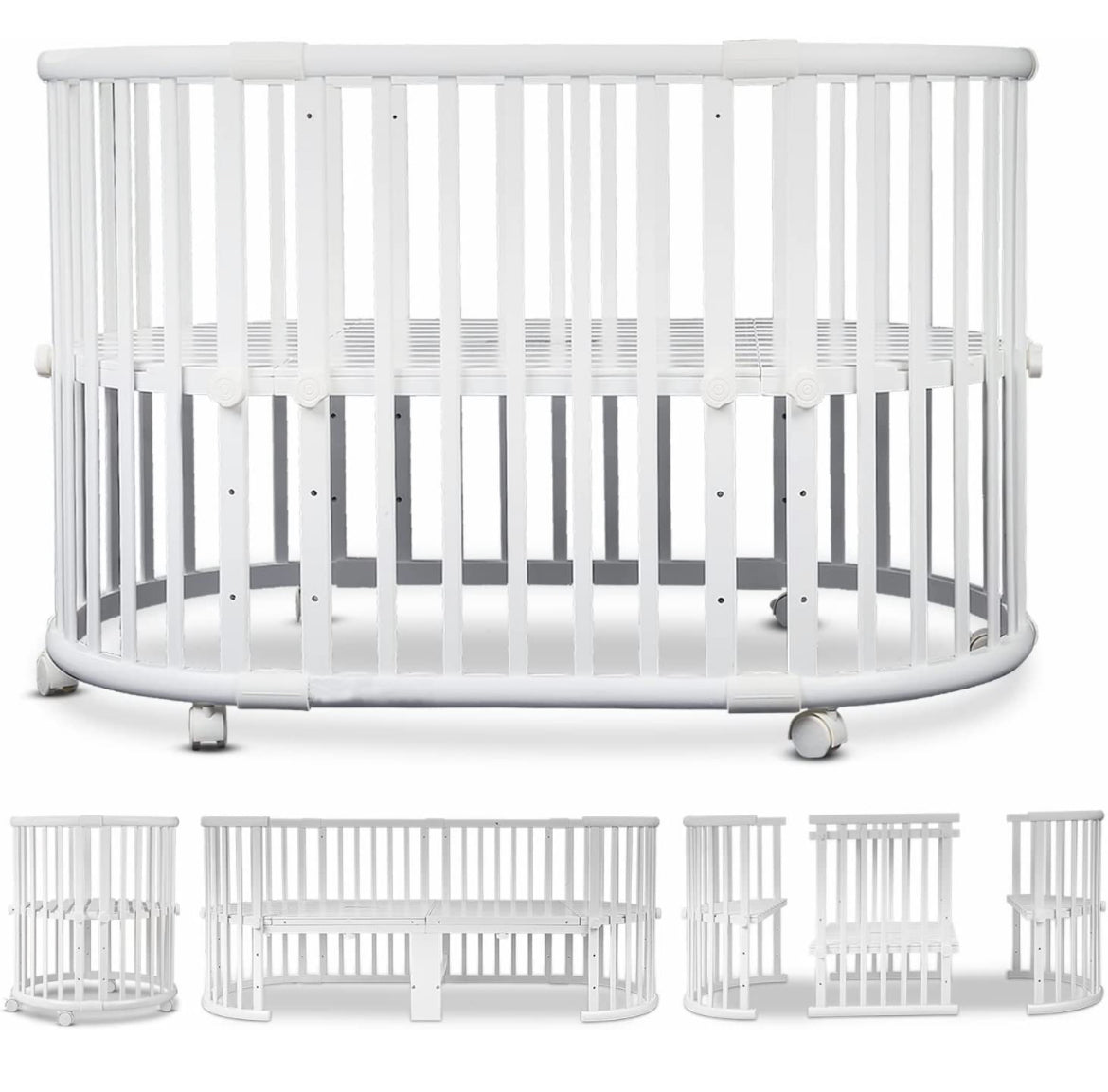 Evelyn 6 in 1 Multifunctional European Oval Pinewood Crib Cot (White). Newborn - 15 Years - The Minikin Store