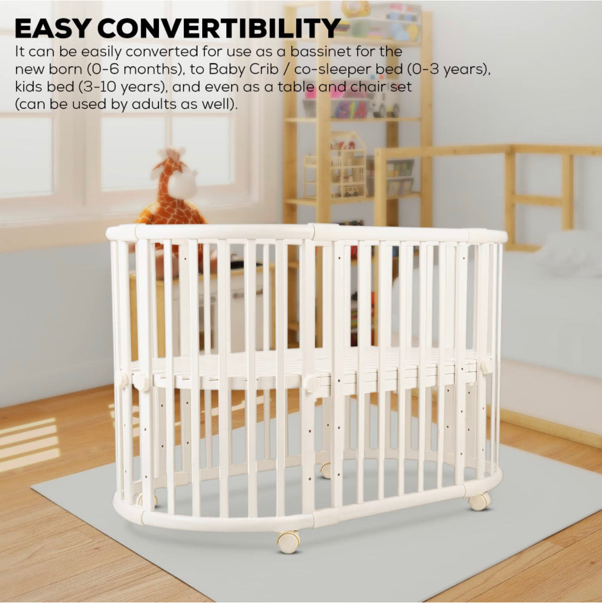 Evelyn 6 in 1 Multifunctional European Oval Pinewood Crib Cot (White). Newborn - 15 Years - The Minikin Store