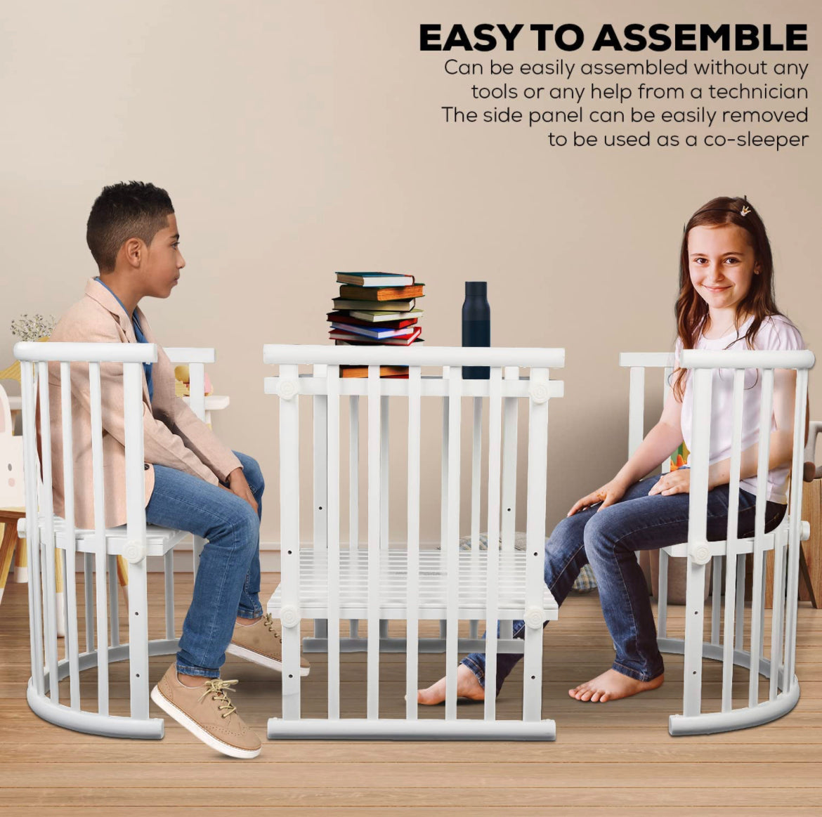 Evelyn 6 in 1 Multifunctional European Oval Pinewood Crib Cot (White). Newborn - 15 Years - The Minikin Store