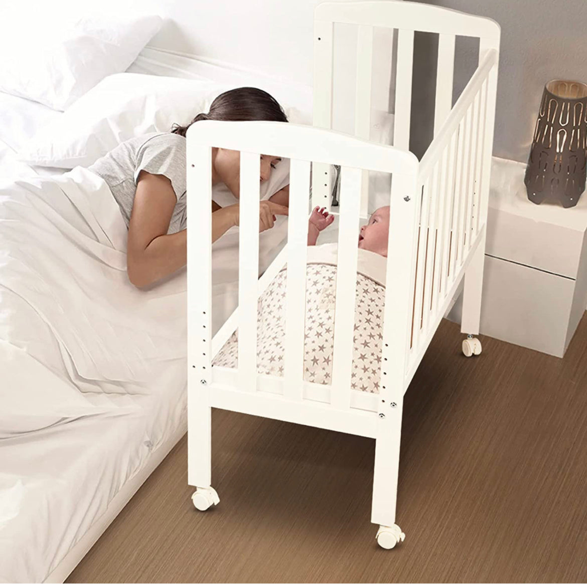 Ella 2 in 1 European Style Co-Sleeping Baby Bedside Solid Pinewood Crib. 0-12M (White) - The Minikin Store