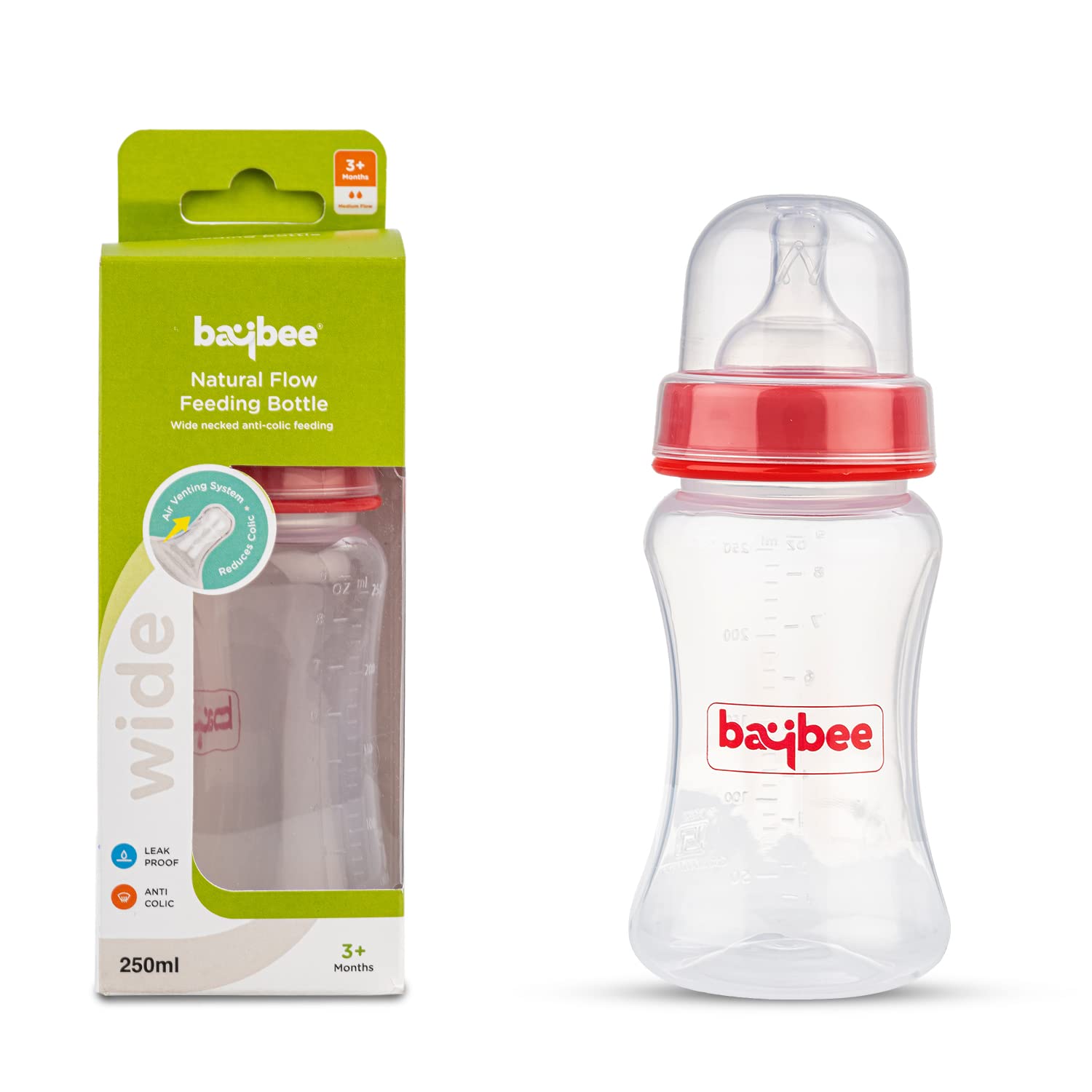 Wide-Neck Anti Colic Feeding Bottle - 3M+ - 250ml (Red) - The Minikin Store