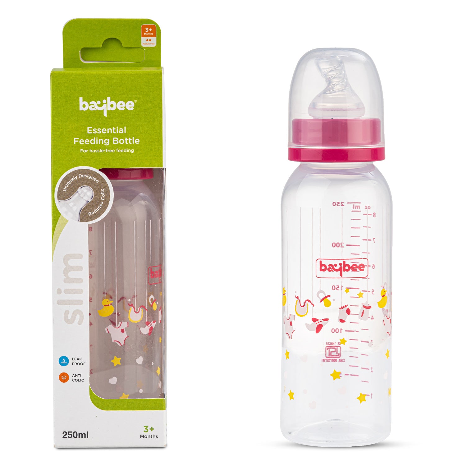 Leak Proof Anti Colic Feeding Bottle - Slim - 3M+ - 250ML (Red) - The Minikin Store