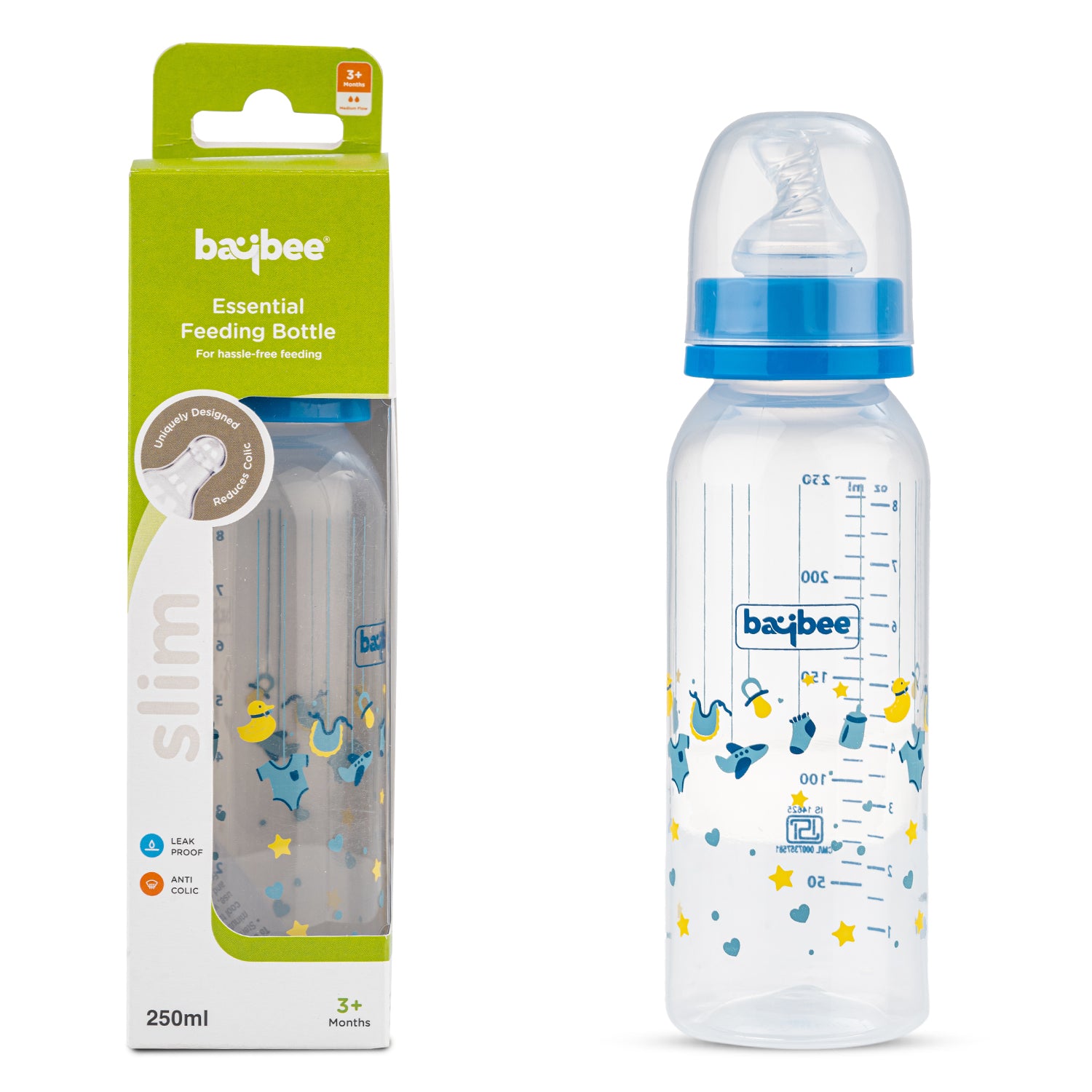Leak Proof Anti Colic Feeding Bottle - Slim - 3M+ - 250ML (Blue) - The Minikin Store