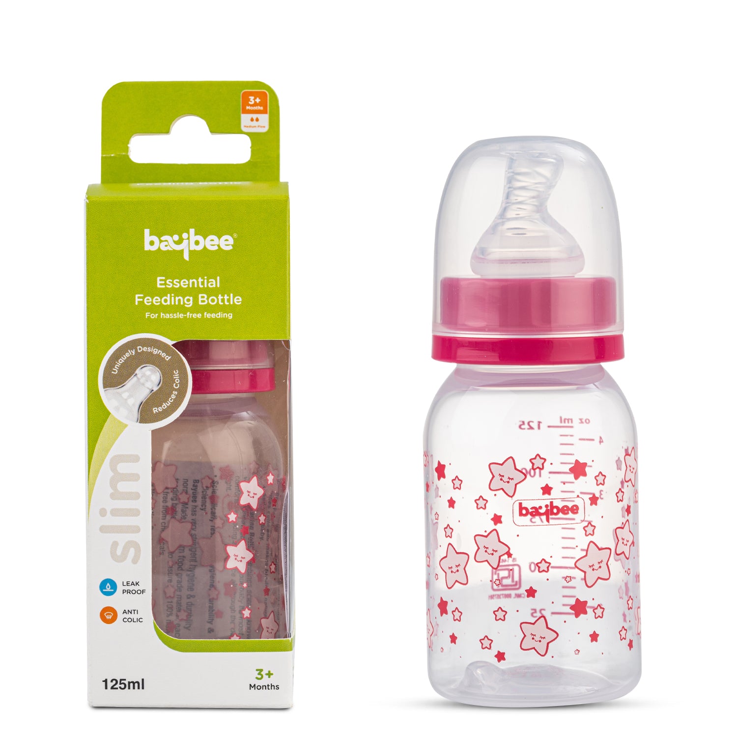 Leak Proof Anti Colic Feeding Bottle - Slim - 125ML - 3M+ (Red) - The Minikin Store