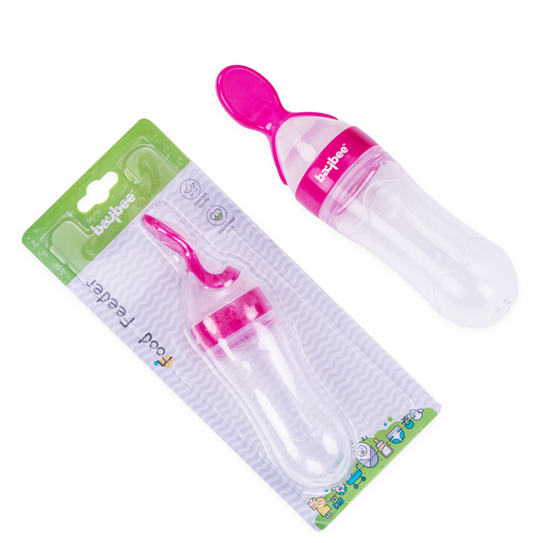 Baby Silicone Squeeze Food Feeder with Measuring Spoon - Pink - The Minikin Store