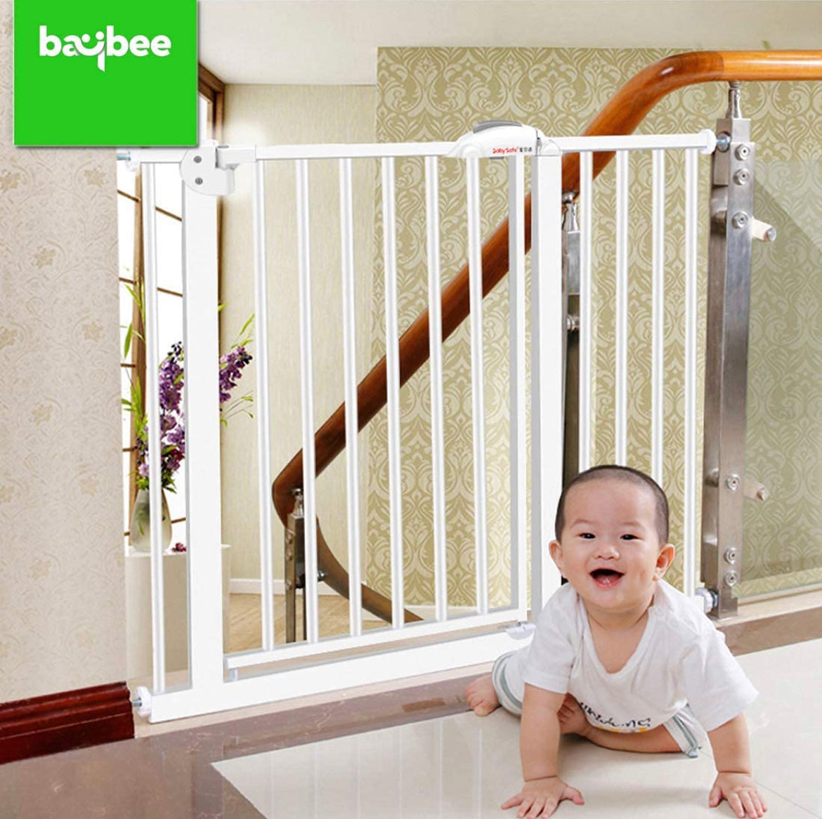 Baby Auto Close Safety Gate I One Handed Closure I Length 85+10Cms x Height 60Cms I White
