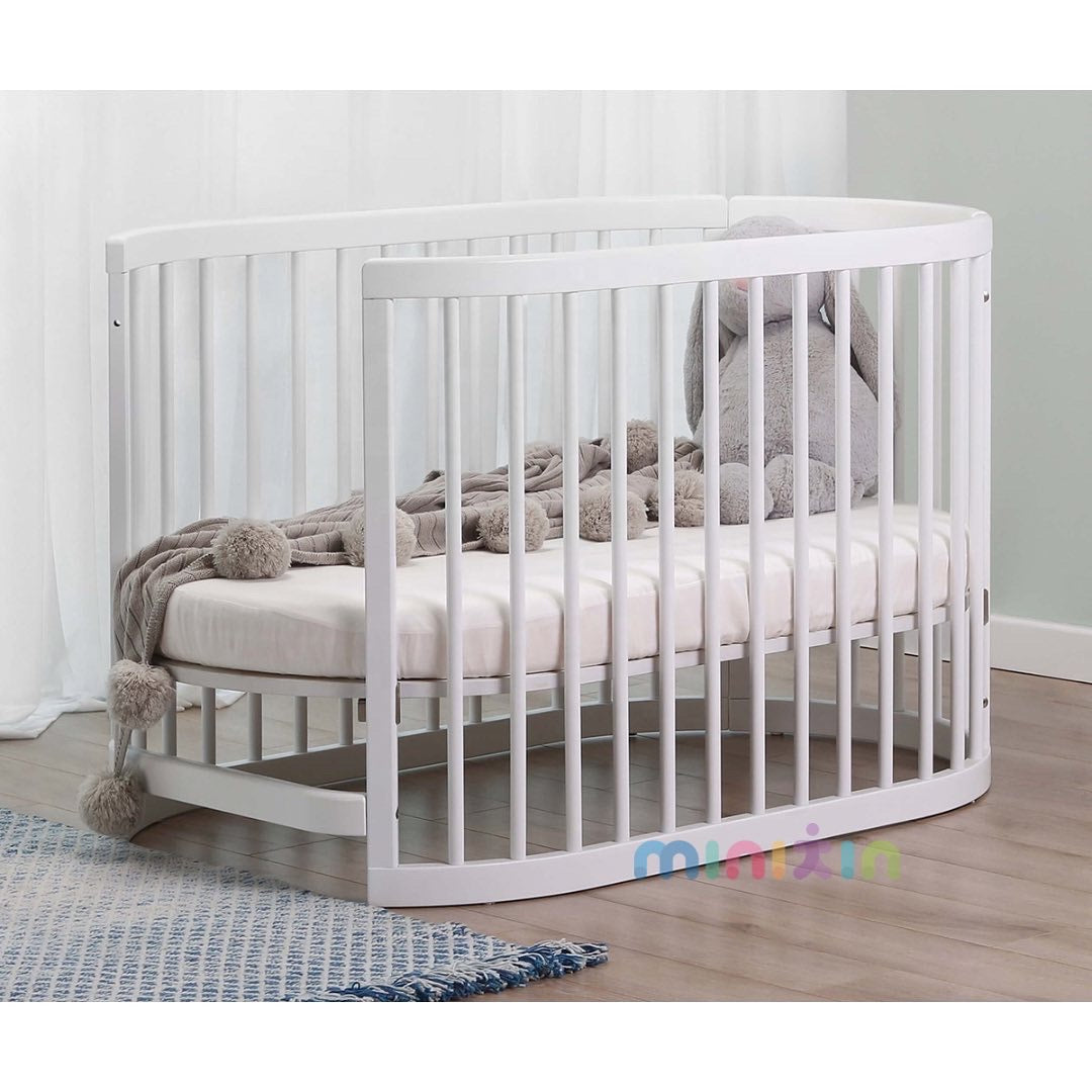 Evelyn 6 in 1 Multifunctional European Oval Pinewood Crib Cot (White). Newborn - 15 Years - The Minikin Store