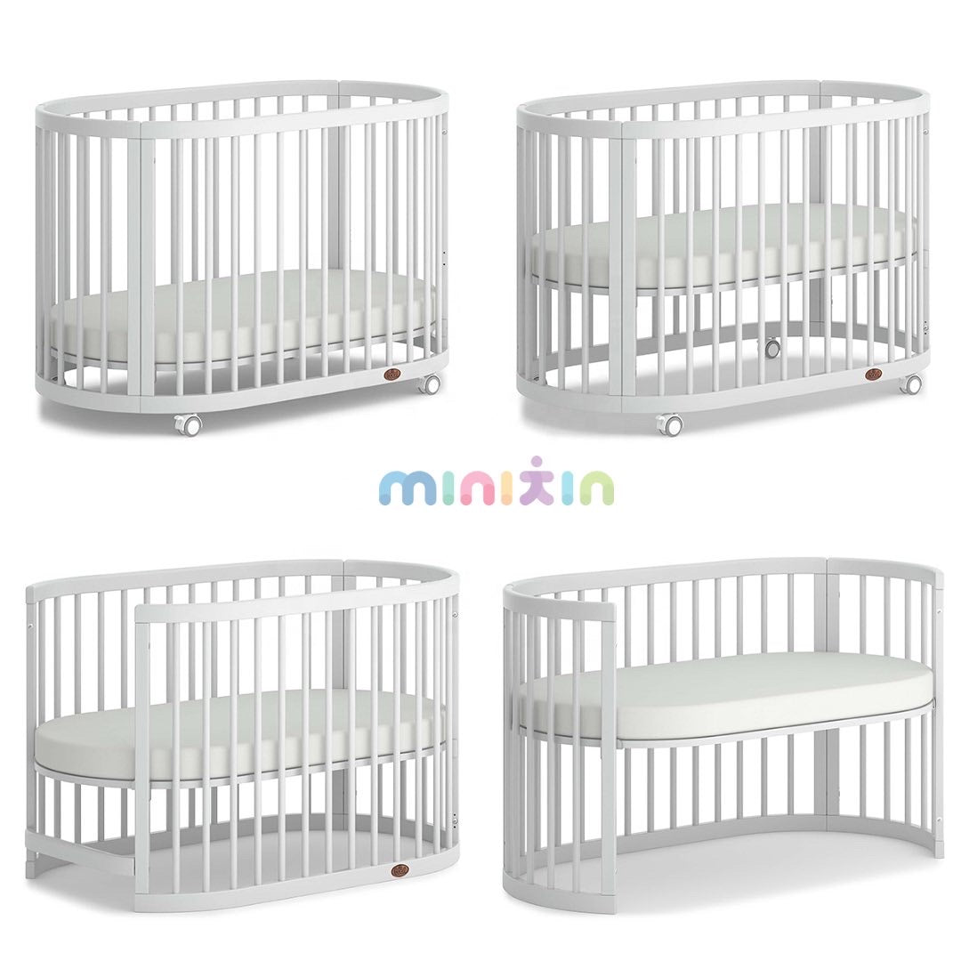 Evelyn 6 in 1 Multifunctional European Oval Pinewood Crib Cot (White). Newborn - 15 Years - The Minikin Store