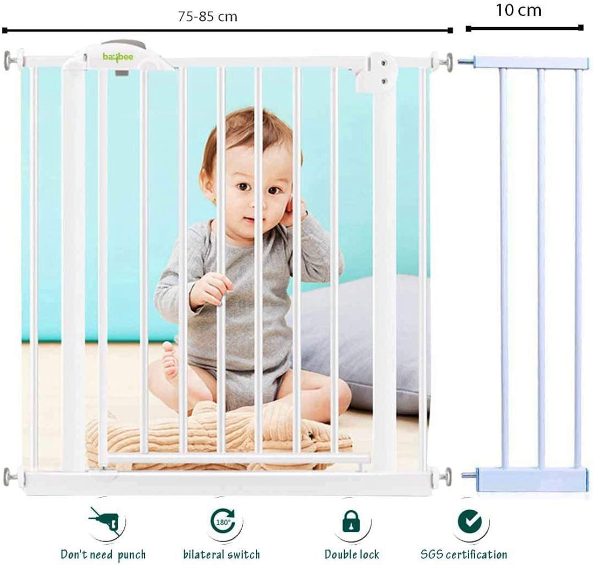 Baby Auto Close Safety Gate I One Handed Closure I Length 85+10Cms x Height 60Cms I White