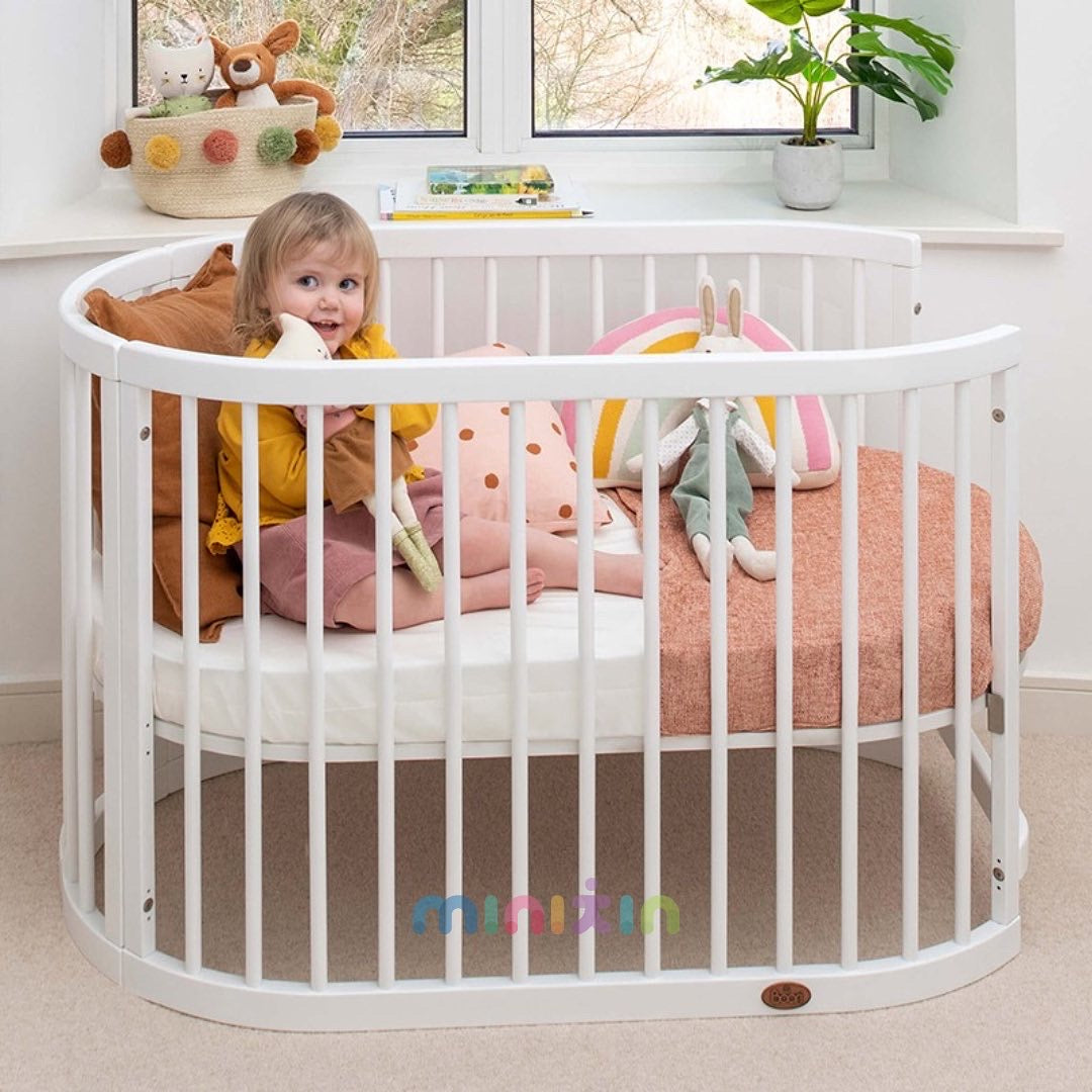 Evelyn 6 in 1 Multifunctional European Oval Pinewood Crib Cot (White). Newborn - 15 Years - The Minikin Store