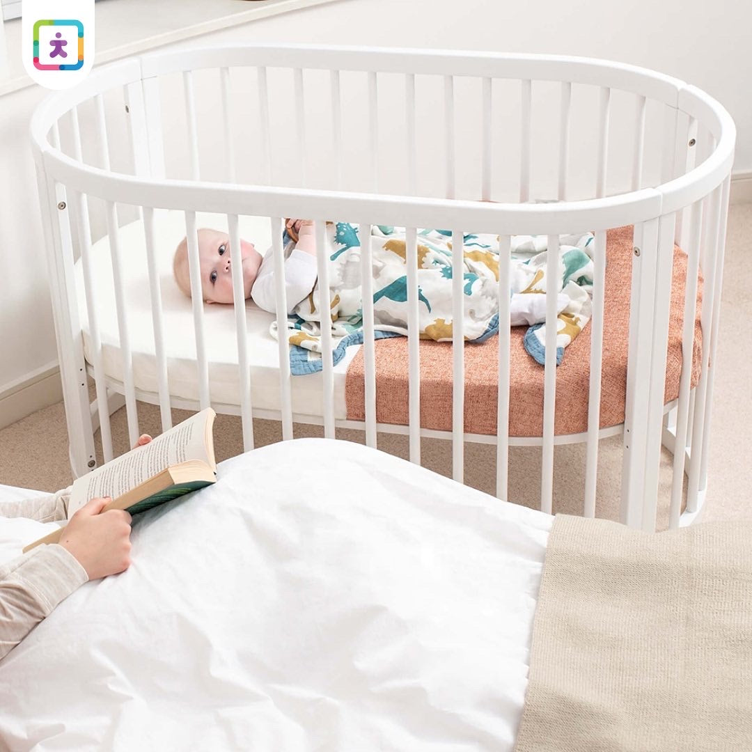 Evelyn 6 in 1 Multifunctional European Oval Pinewood Crib Cot (White). Newborn - 15 Years - The Minikin Store