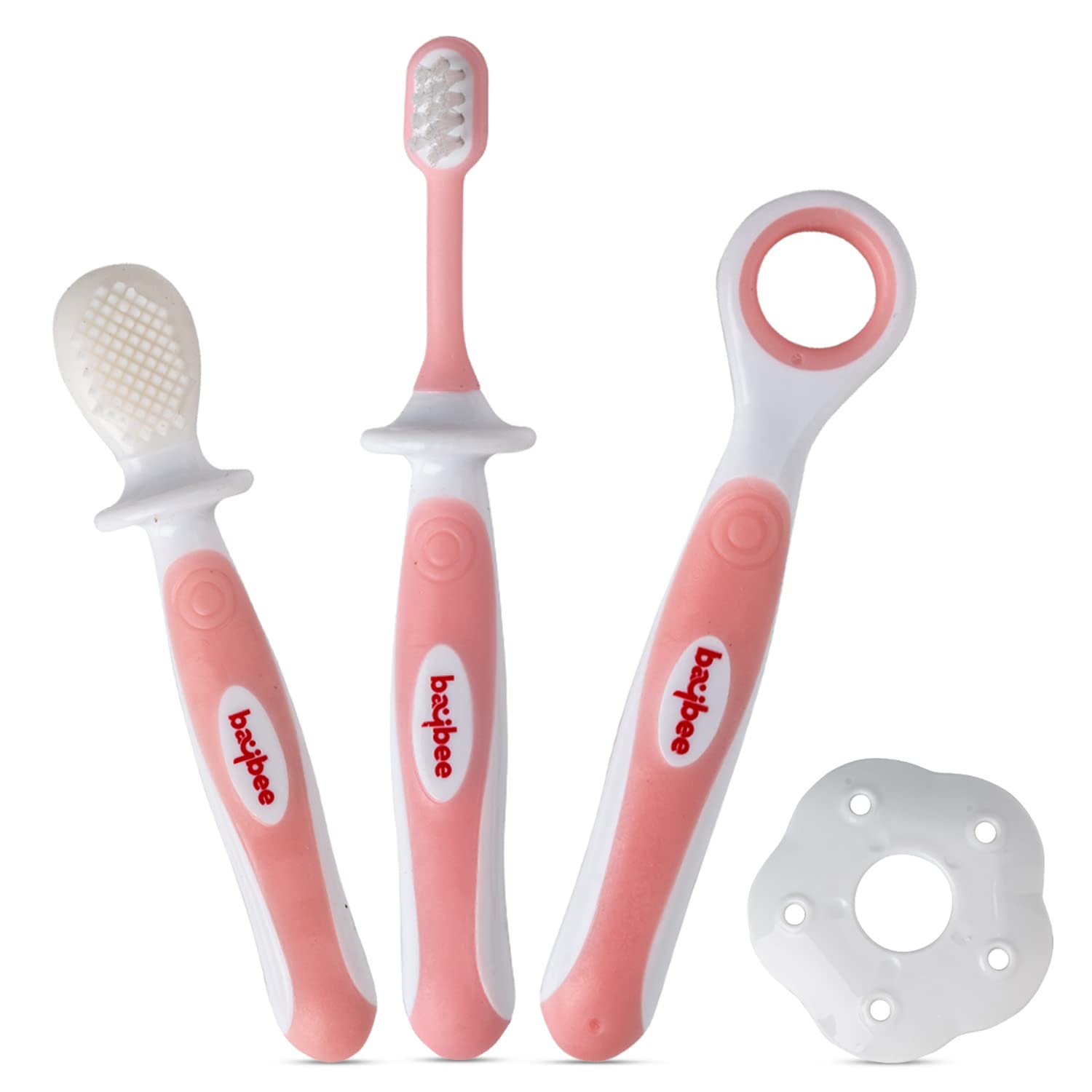 Soft Silicone Baby Toothbrush Set with Anti Chock Shield, Tongue Cleaner - Set of 4 - (Pink) - The Minikin Store
