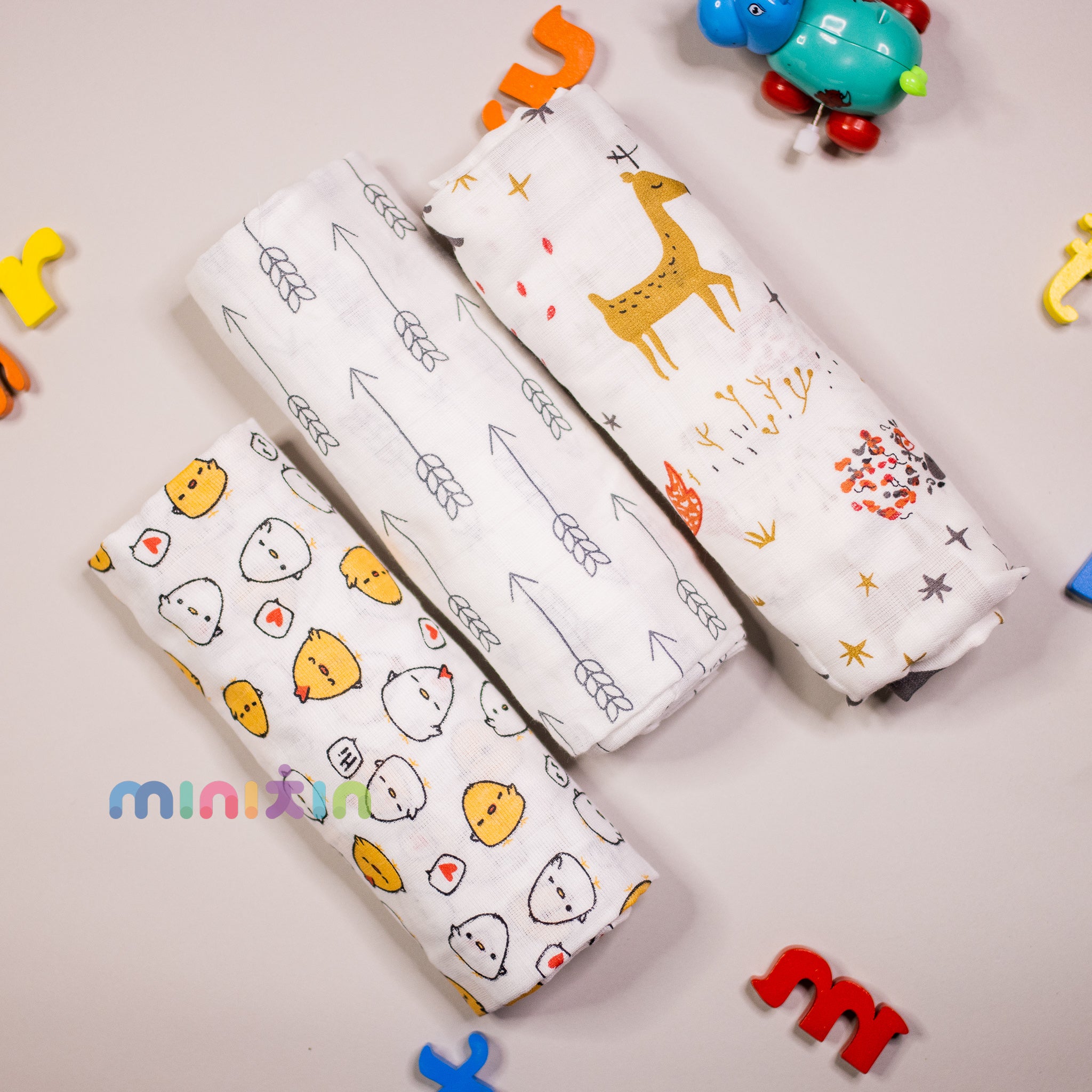 Premium Muslin 100% Organic Swaddle Blanket 106x106 cm - Pack of 3 - Assorted Prints - The Minikin Store