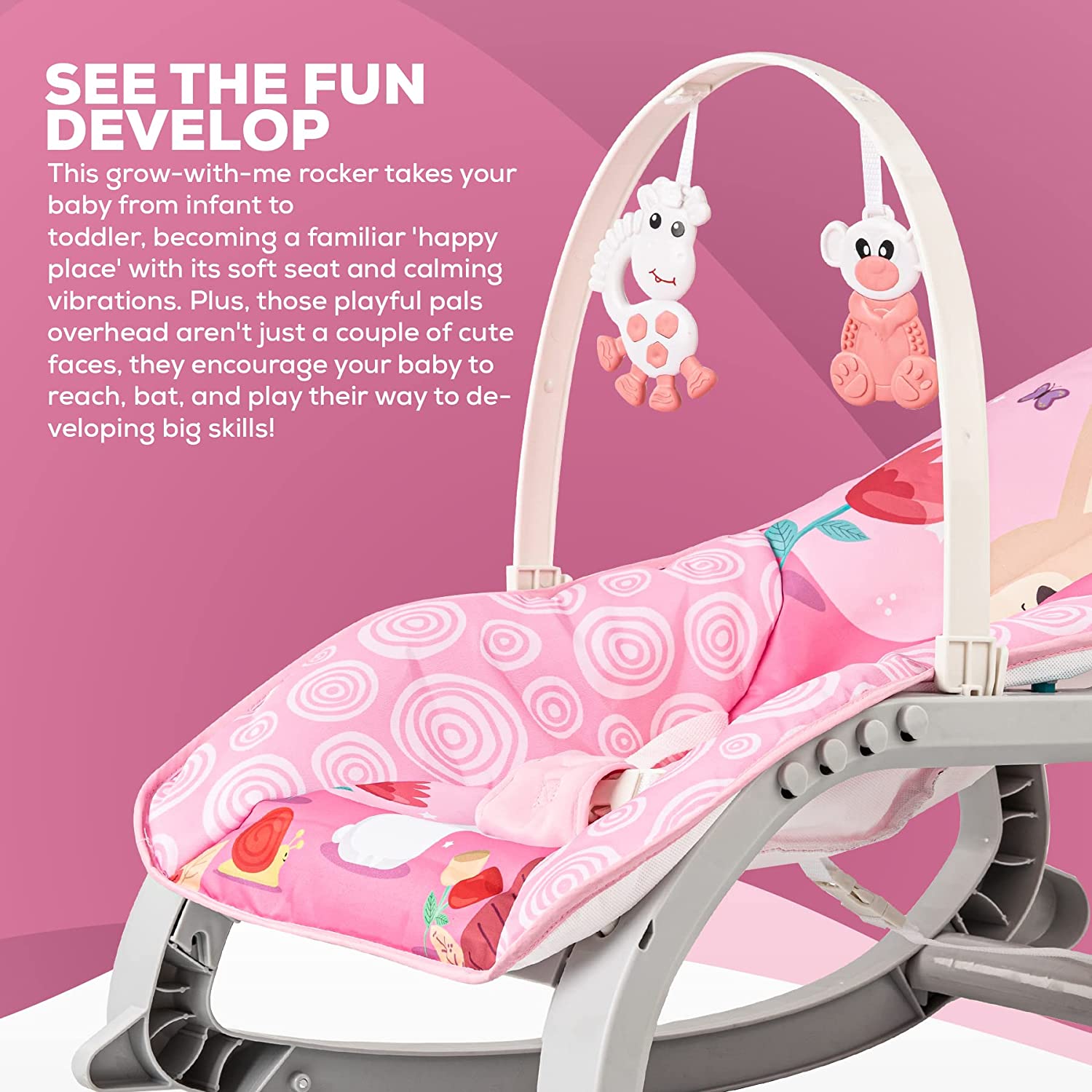 Daisy Baby Sleep Inducing Bouncer and Rocker Chair with Soothing Vibrations I Multi-Position Recline I Hanging Toys & Music I NB - 2 Years I Pink
