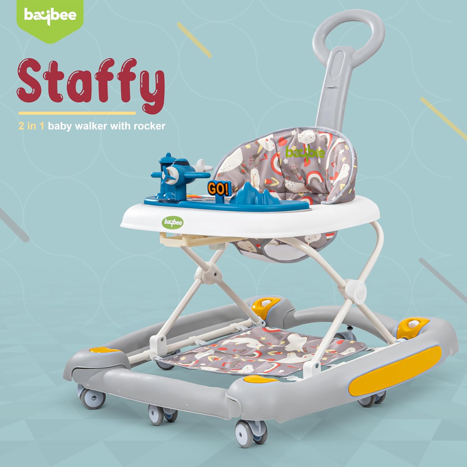 Minikin Staffy 3in1 Baby Walker cum Rocker | Parental Control | Musical Toy Bar | Foldable Design I 6M - 18M