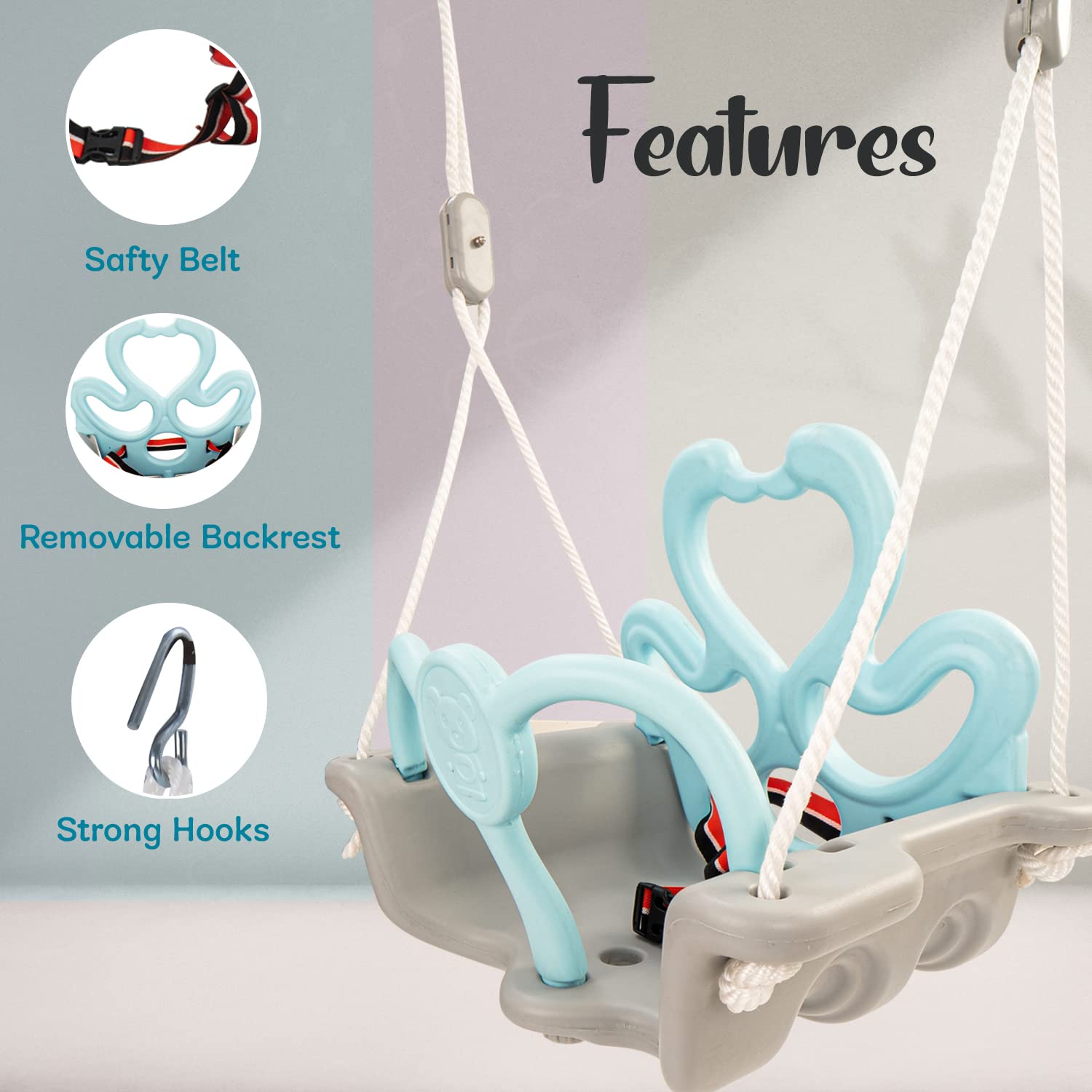 Minikin Swing Chair for Kids | Adjustable Baby Swing with Nylon Rope, Hooks, High Backrest & Safety Support | Indoor Outdoor 1-3 Years