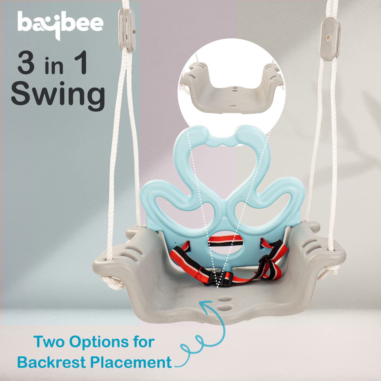 Minikin Swing Chair for Kids | Adjustable Baby Swing with Nylon Rope, Hooks, High Backrest & Safety Support | Indoor Outdoor 1-3 Years