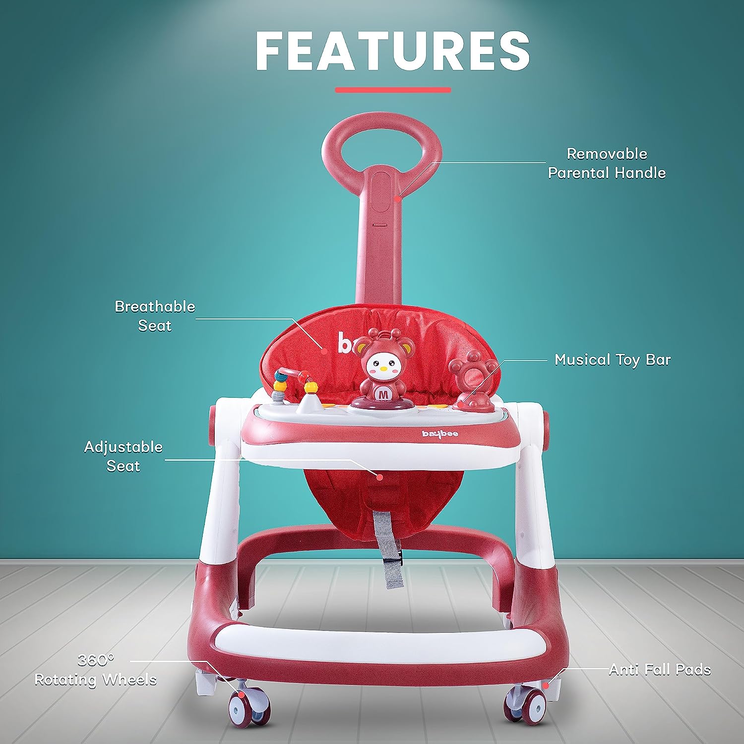 Baybee Baby Walker for Kids with 2 Height Adjustable & Tray, Multi-Function Anti-Rollover Foldable Activity Walker for Baby with Musical  Toy Bar