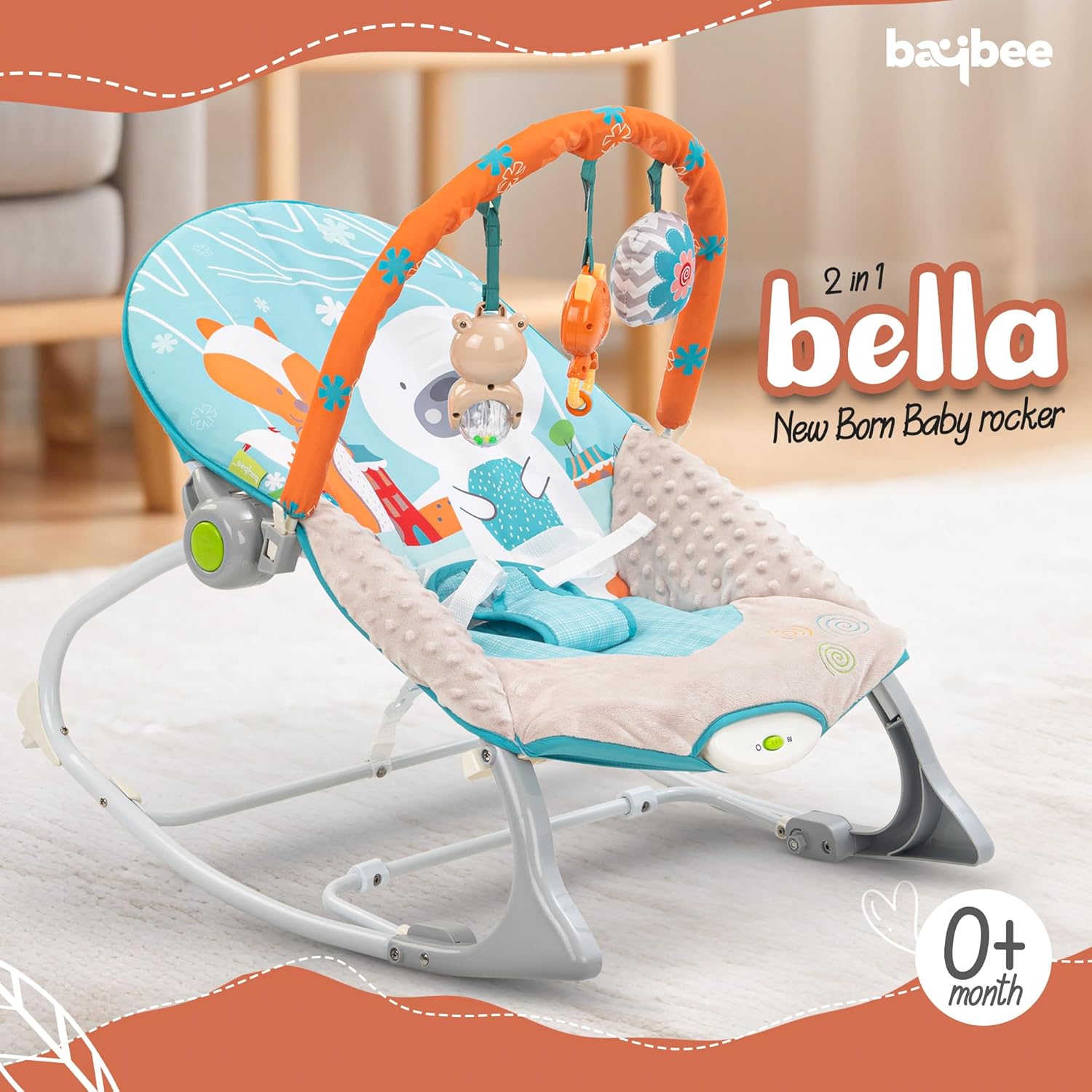 Bella 2-in-1 Baby Rocker & Bouncer - Adjustable, Vibrations, Music & Toys (0-2 Years)