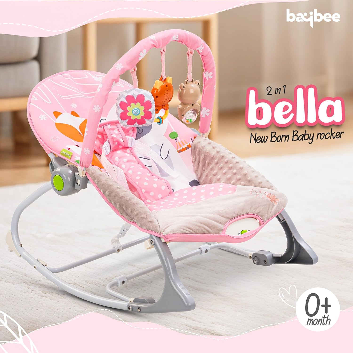 Bella 2-in-1 Baby Rocker & Bouncer - Adjustable, Vibrations, Music & Toys (0-2 Years)