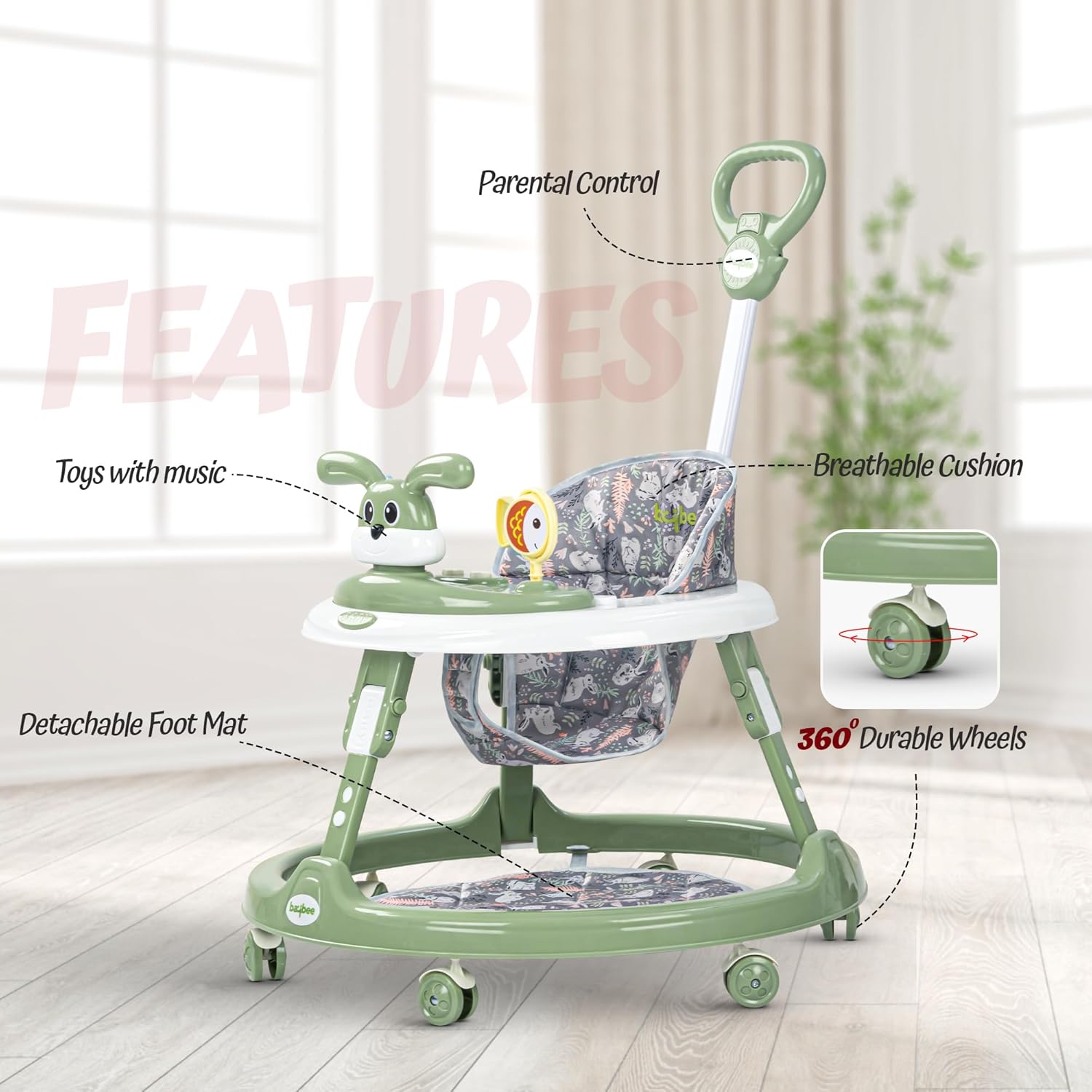 Bunny Pro 2-in-1 Baby Walker with Parental Control Bar – Musical Toy, Adjustable Height & Foldable (6 Months to 18 Months)