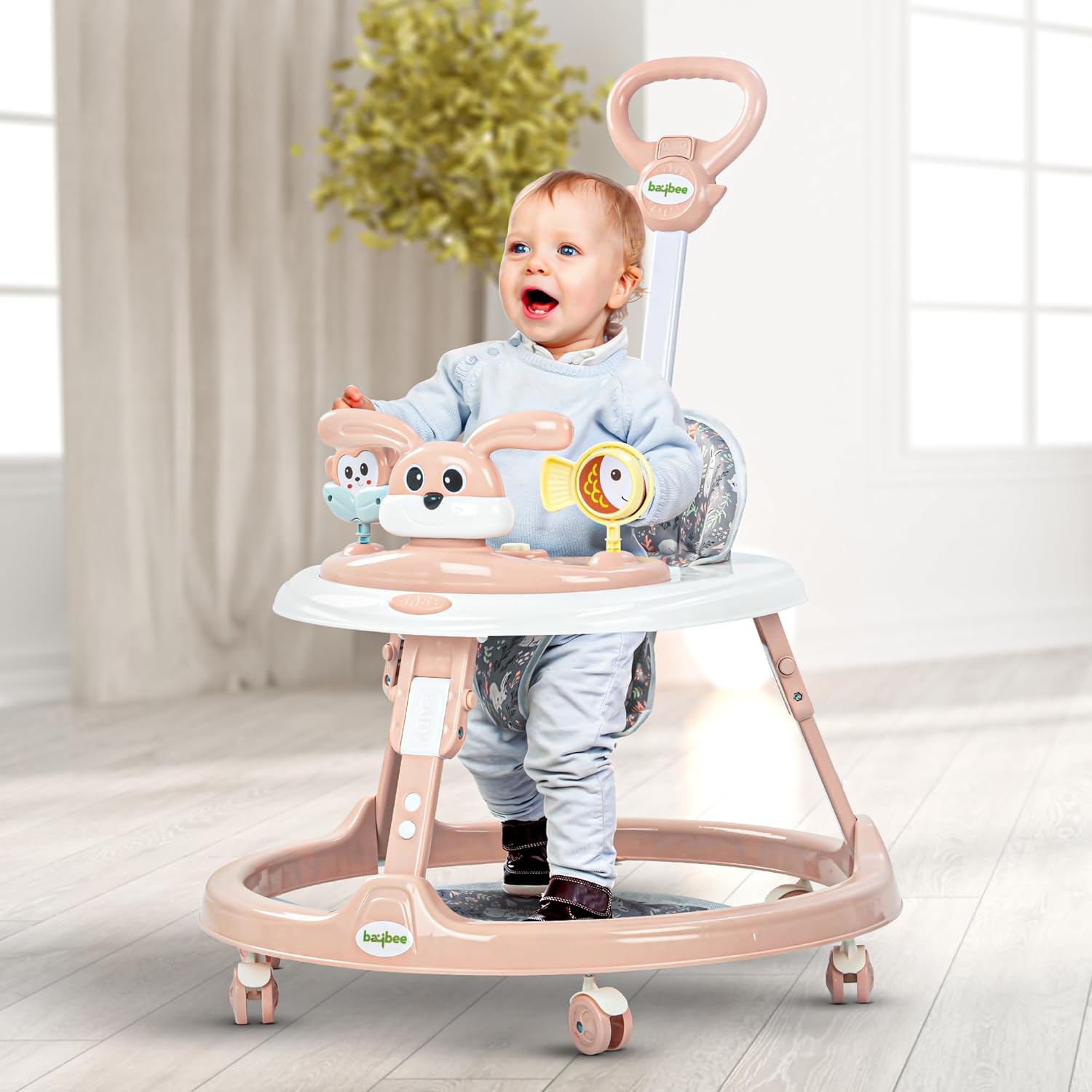 Bunny Pro 2-in-1 Baby Walker with Parental Control Bar – Musical Toy, Adjustable Height & Foldable (6 Months to 18 Months)