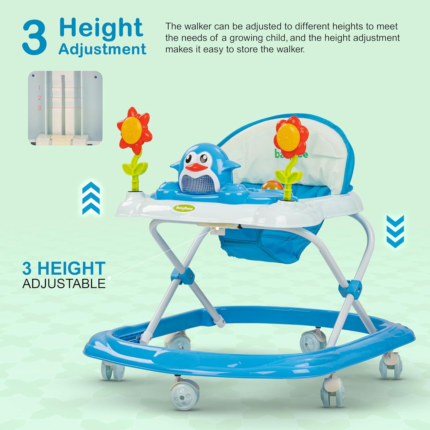 Minikin Clora Baby Musical Walker | Height Adjustable & Foldable Design I 6M - 18M