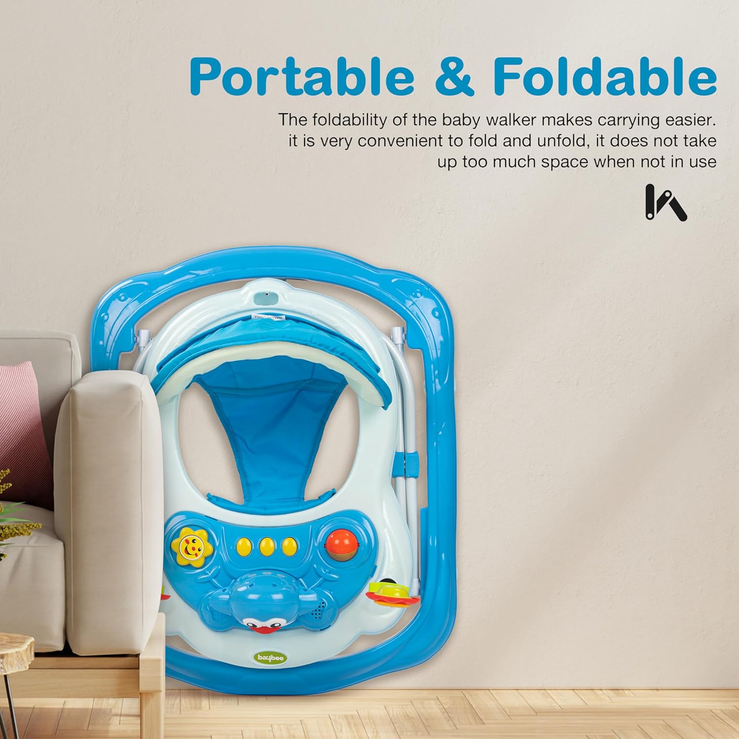 Minikin Clora Baby Musical Walker | Height Adjustable & Foldable Design I 6M - 18M