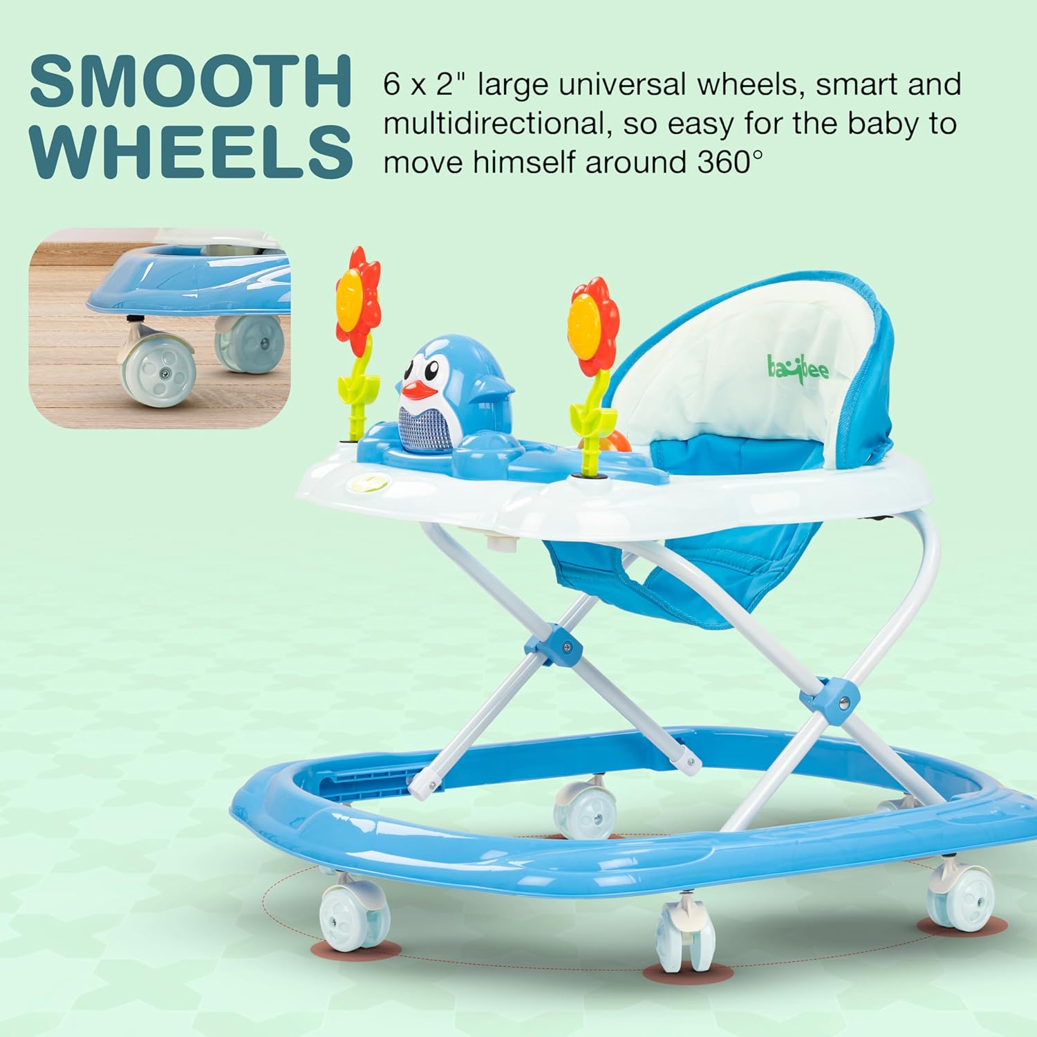 Minikin Clora Baby Musical Walker | Height Adjustable & Foldable Design I 6M - 18M