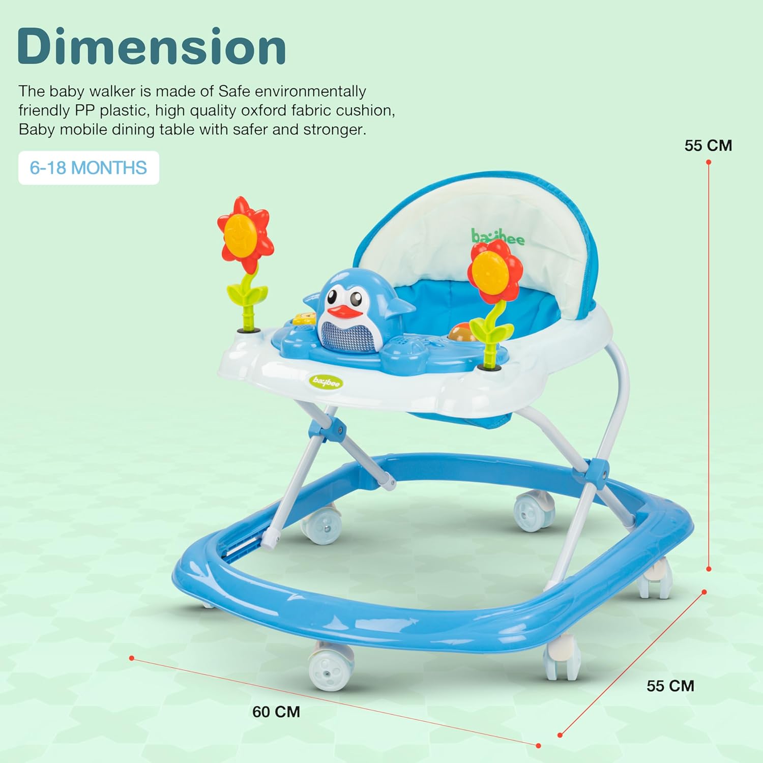 Minikin Clora Baby Musical Walker | Height Adjustable & Foldable Design I 6M - 18M