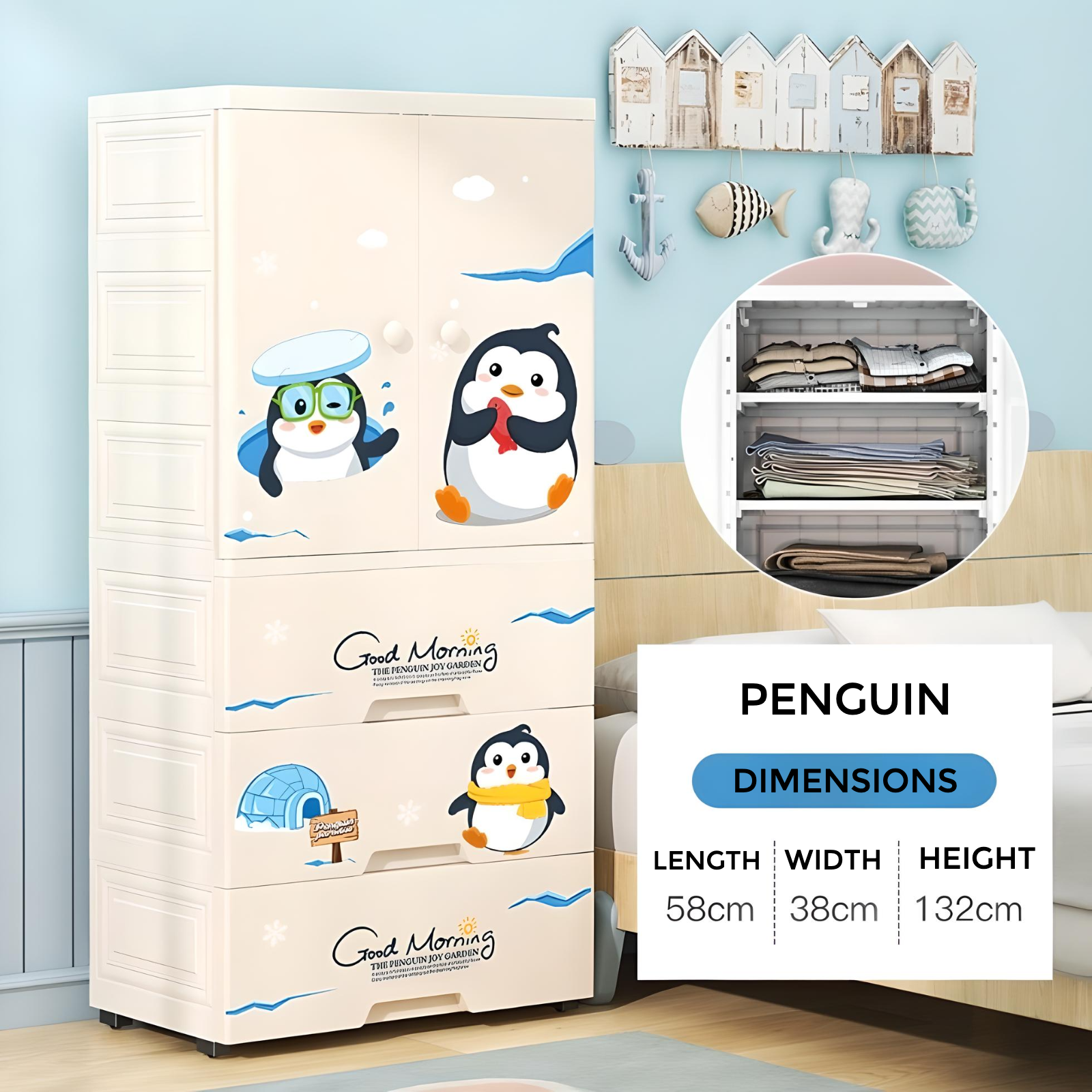 Minikin Penguin Wardrobe I Storage Cabinet I Portable Almirah with Drawers
