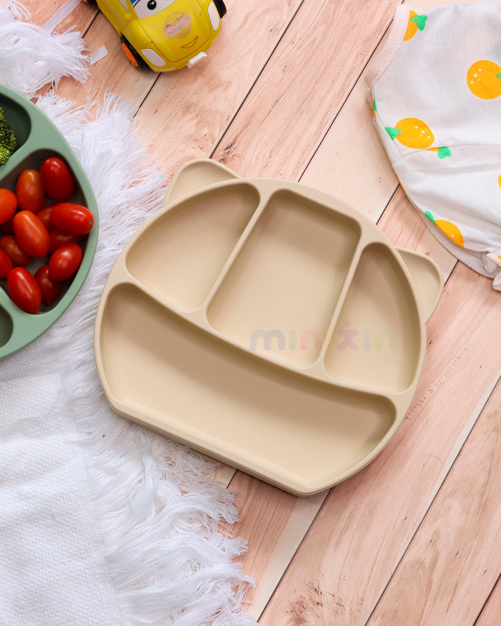 Non-Slip Divided Plate with Suction Base | Encourages Self Eating I BPA-Free 100% Silicone Plate for Baby & Toddler I Beige