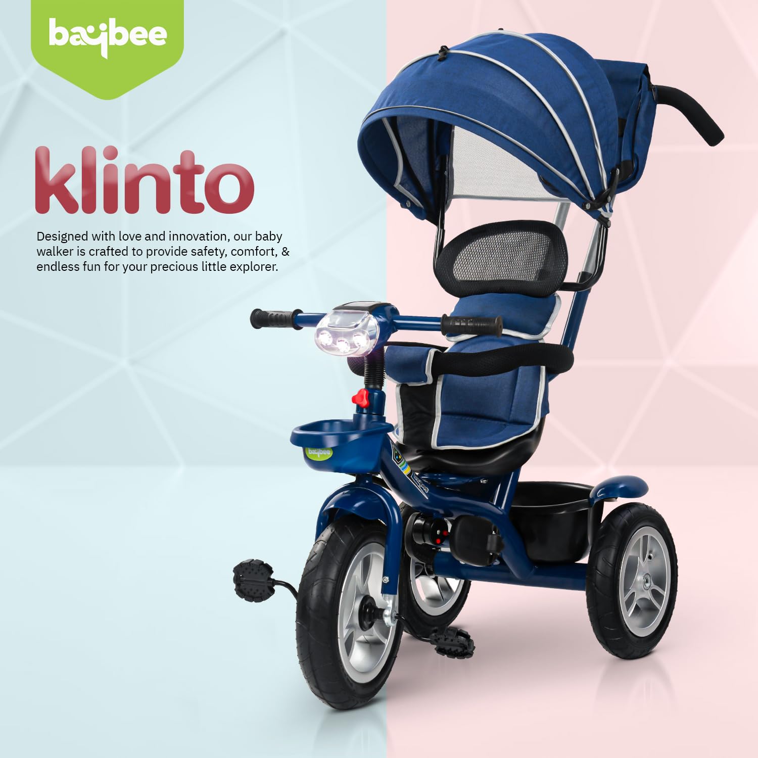 Minikin Klinto 2 in 1 Baby Trike | Rubber Wheels | Parental Push Bar | Canopy & Anti-Fall Guard | 6M - 5 Years