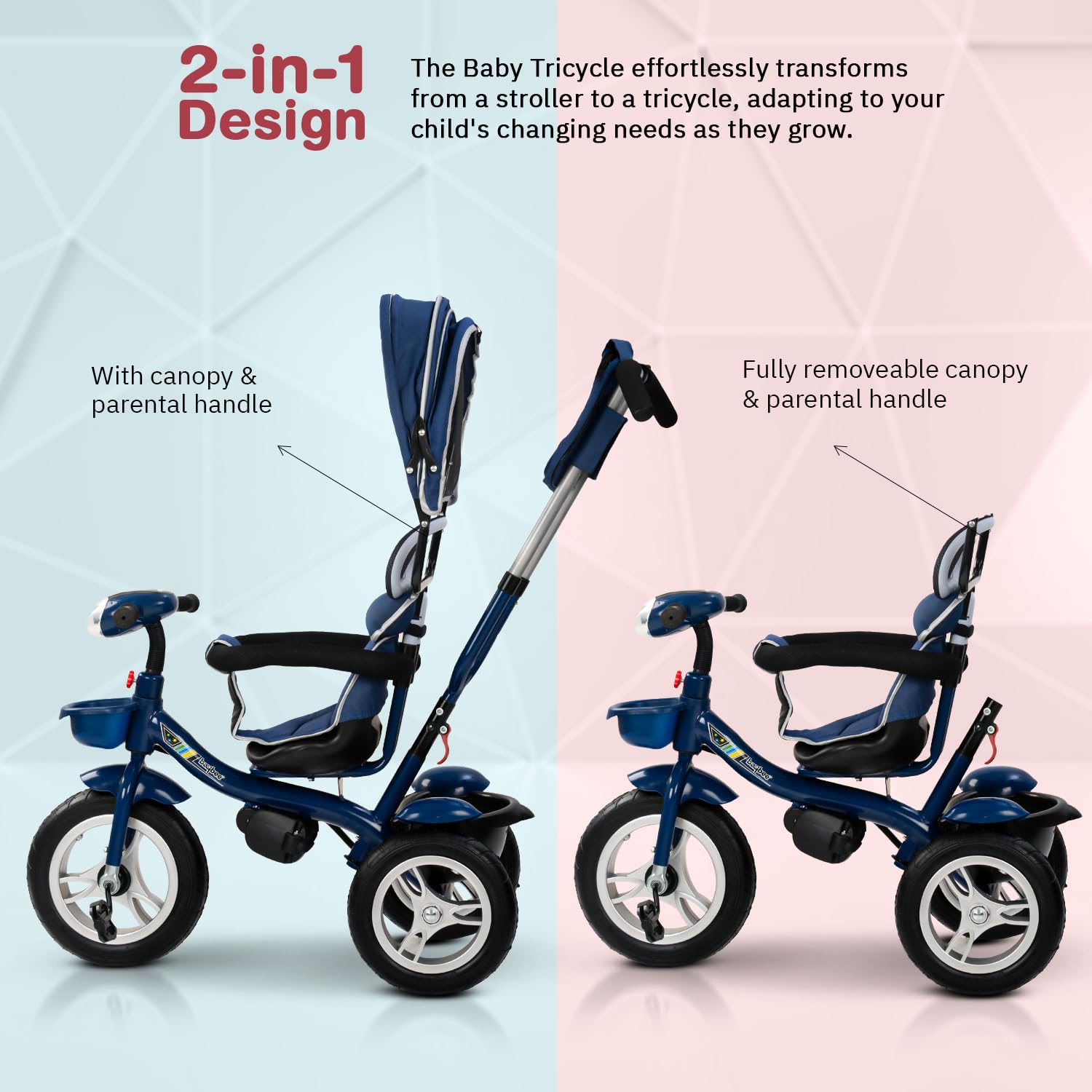 Minikin Klinto 2 in 1 Baby Trike | Rubber Wheels | Parental Push Bar | Canopy & Anti-Fall Guard | 6M - 5 Years