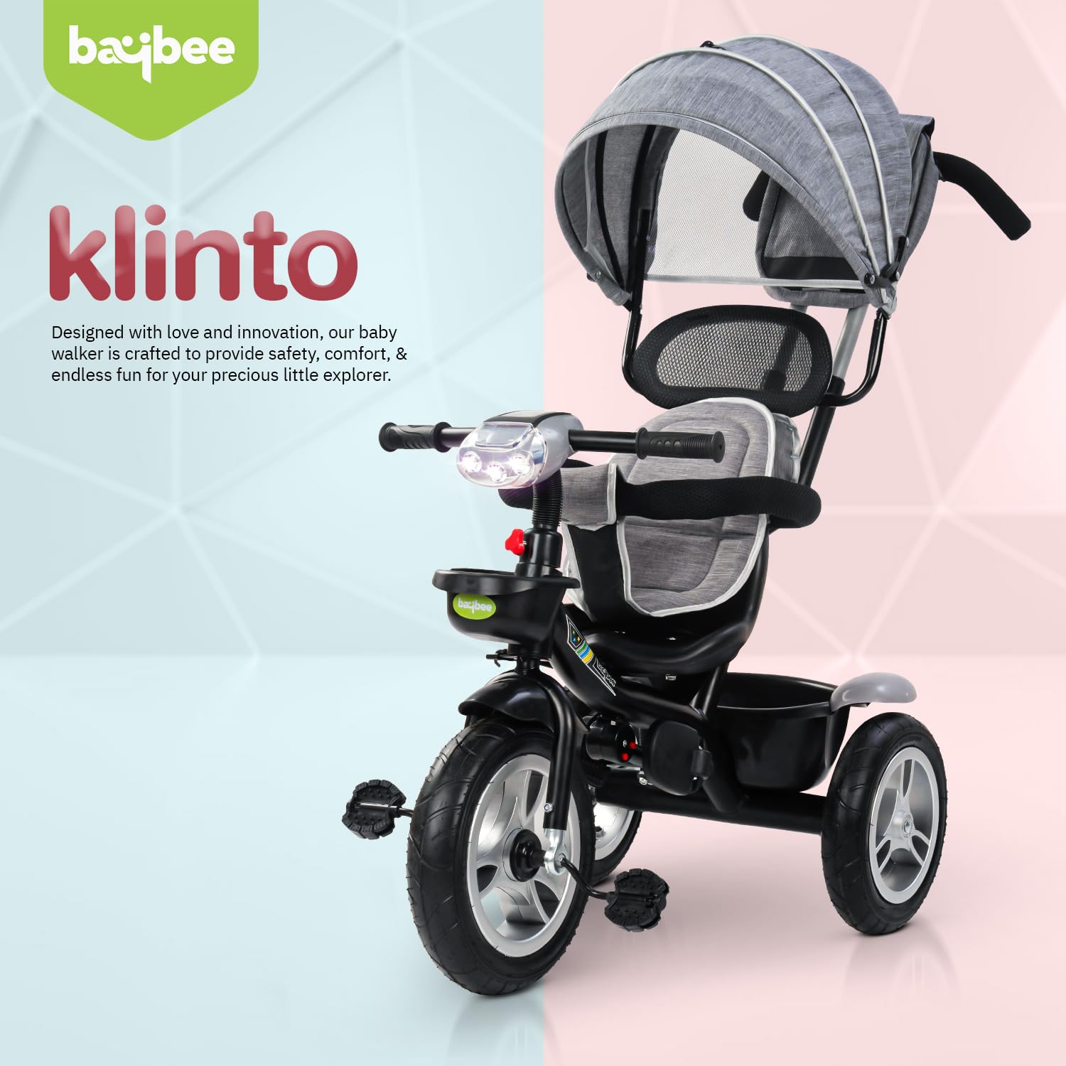 Minikin Klinto 2 in 1 Baby Trike Rubber Wheels Parental Push Bar Canopy Anti Fall Guard 6M 5 Years