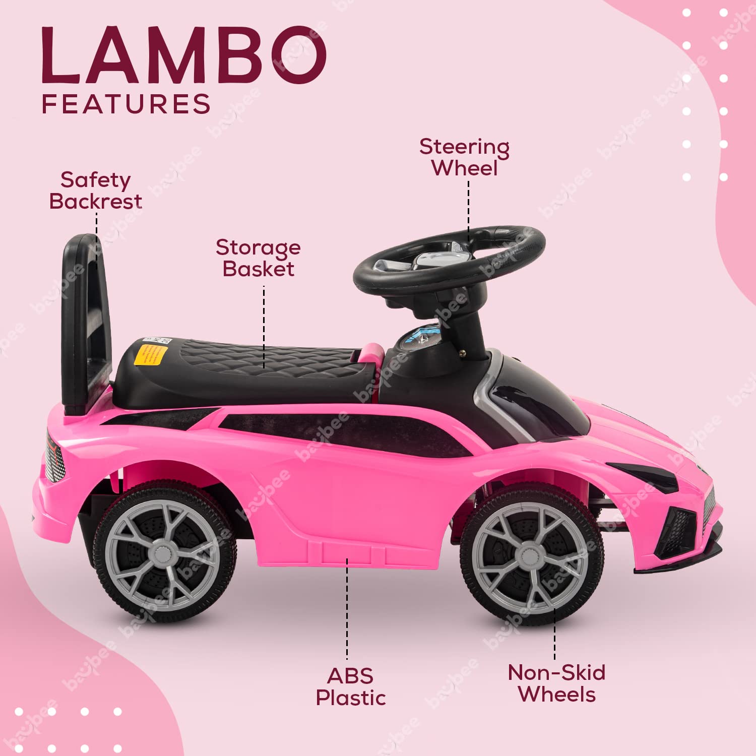 Lambo Paddle Manual Rideon Car for Kids | LED Lights and Music I Under Seat Storage | 1-4 Years