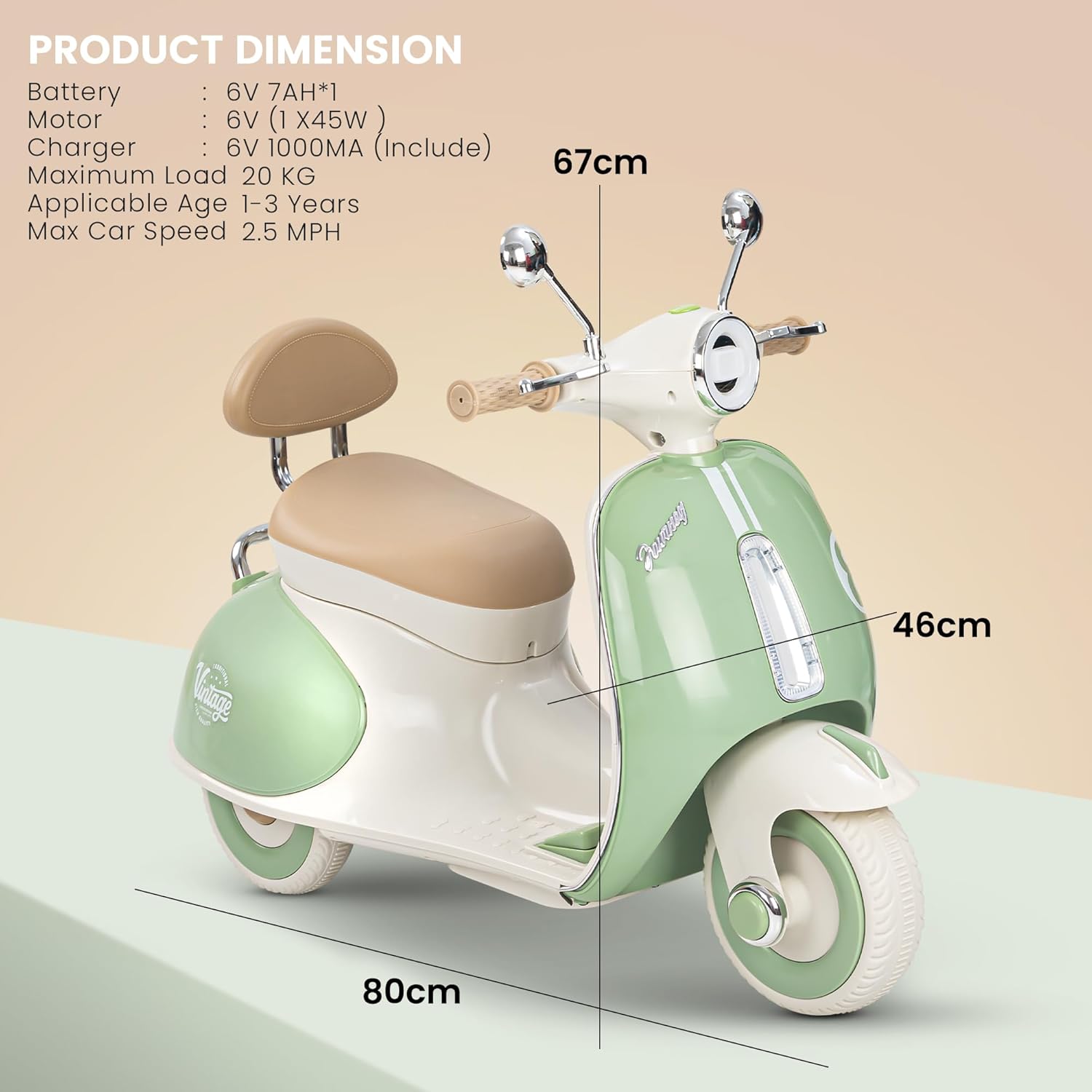 Vintage Vespa Rechargeable Kids Scooty  with Light & Music | 1-4 Years | Boys/Girls