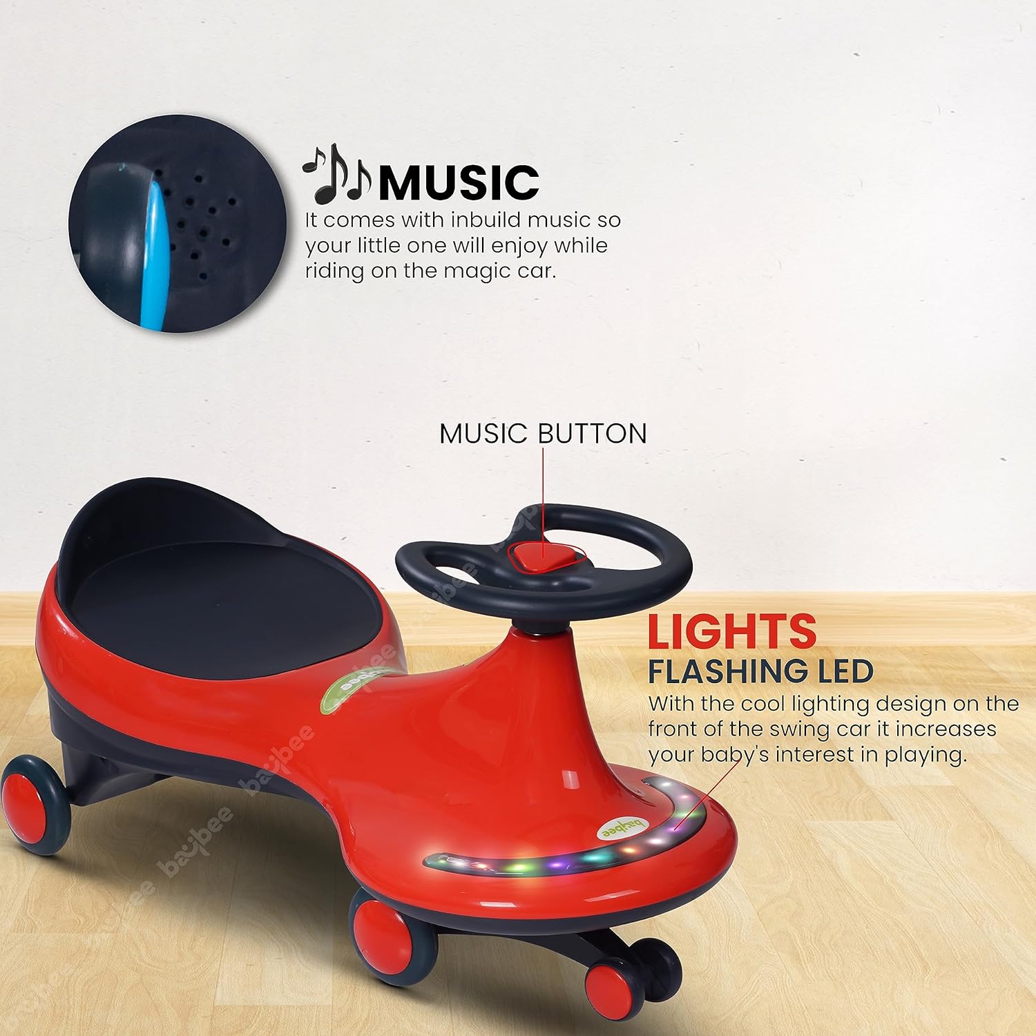 Trixgo Baby Swing Cars for Kids | Push Ride on Baby Car with 360° Rotation, Led Lights | 2-8 Years