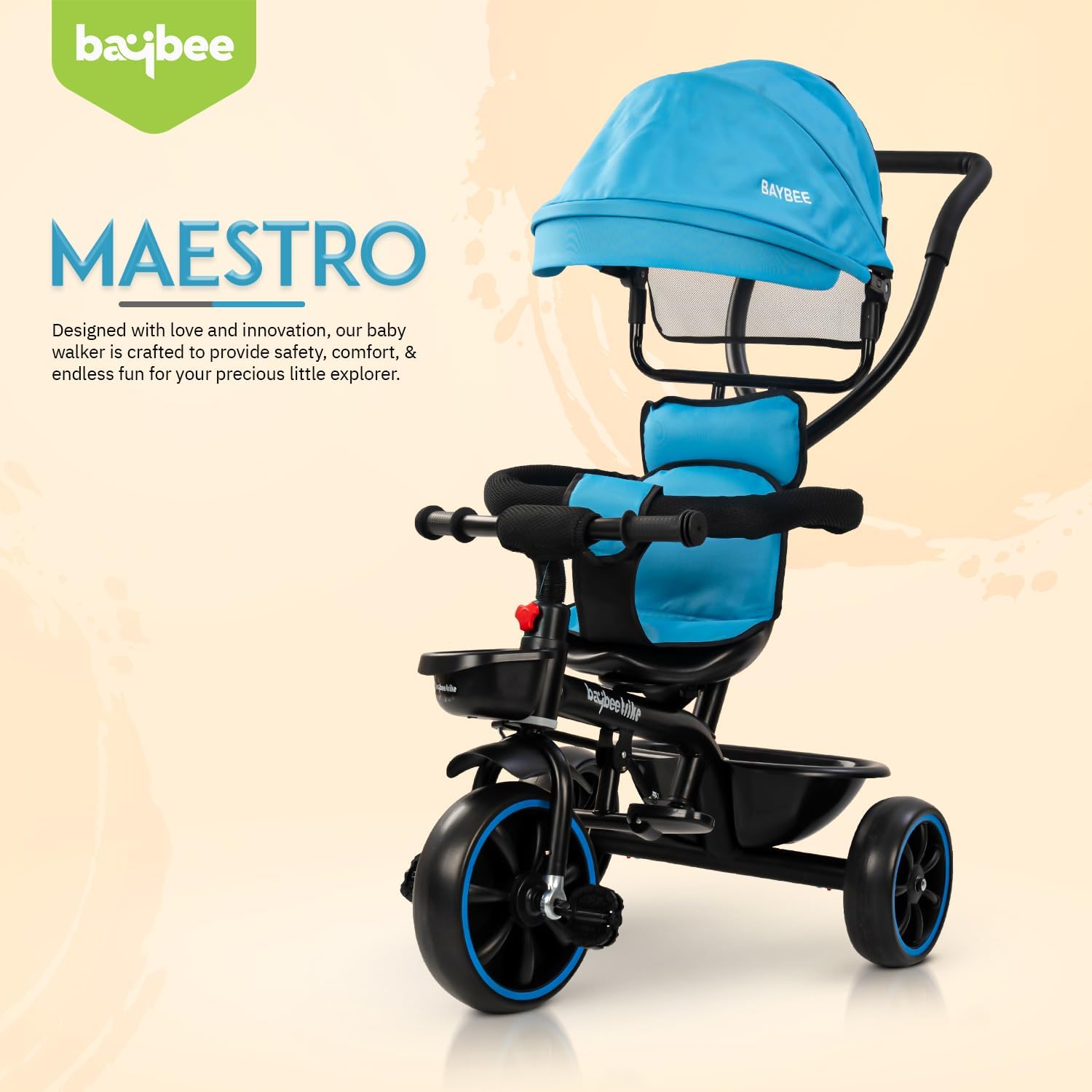 Minikin Maestro 2 in 1 Baby Tricycle for Kids | Parental Push Bar | Canopy | Anti-Fall Guard | 6M - 5 Years