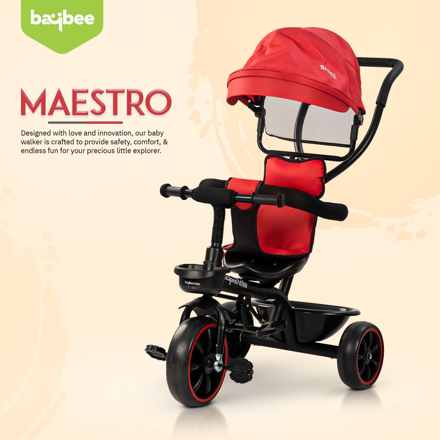 Minikin Maestro 2 in 1 Baby Tricycle for Kids | Parental Push Bar | Canopy | Anti-Fall Guard | 6M - 5 Years