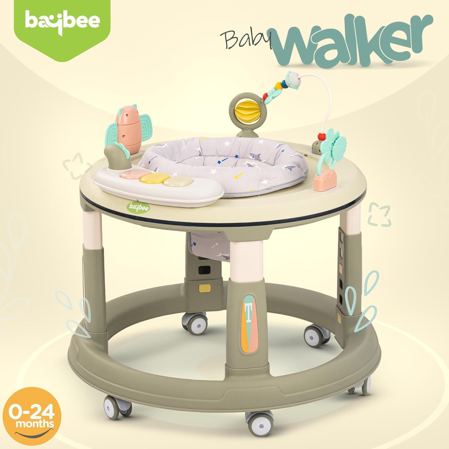 Minikin Melody Round Baby Walker | 360 Deg Seat Rotation | Foldable & Height Adjustable | Musical Toy Bar | 6M - 24M