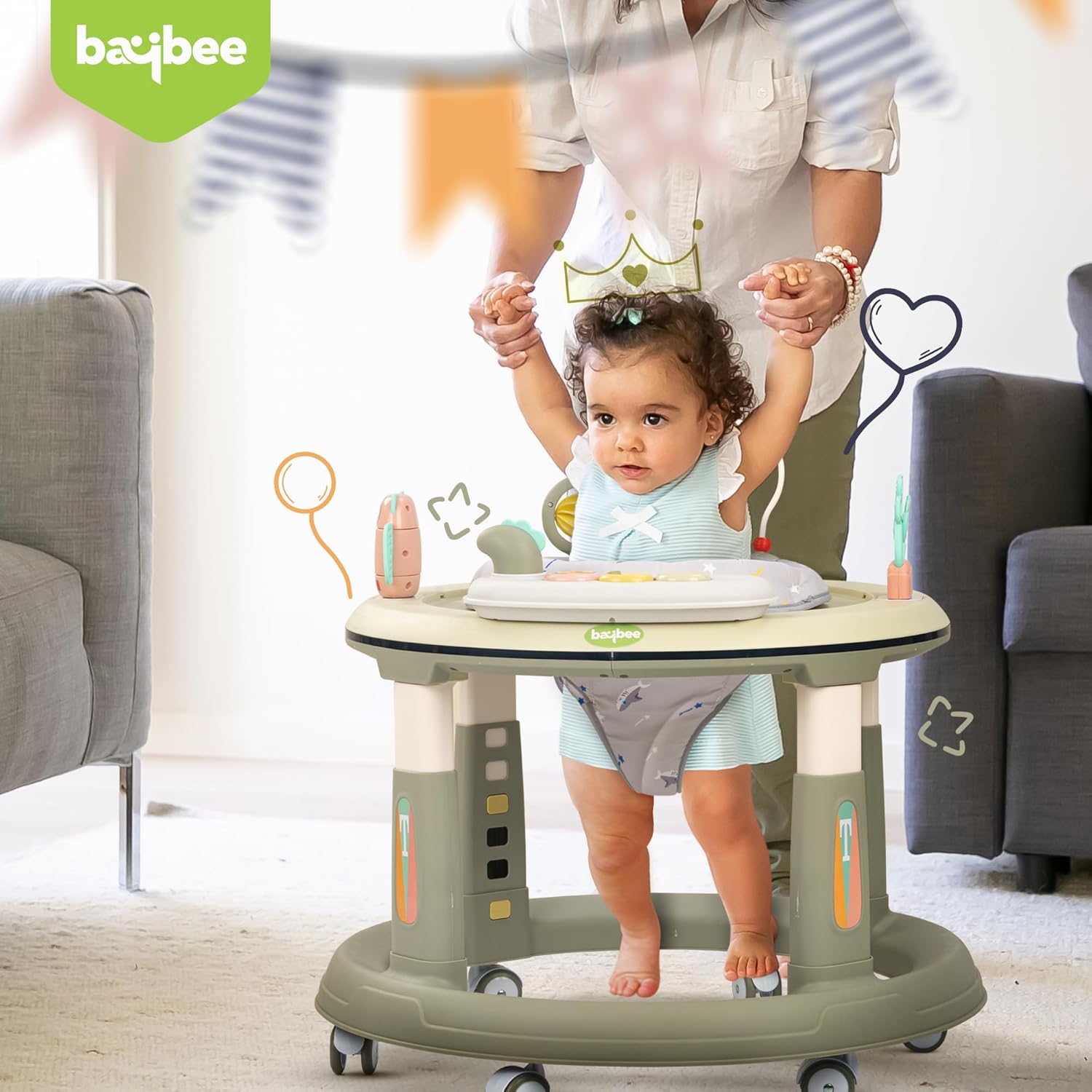 Minikin Melody Round Baby Walker | 360 Deg Seat Rotation | Foldable & Height Adjustable | Musical Toy Bar | 6M - 24M