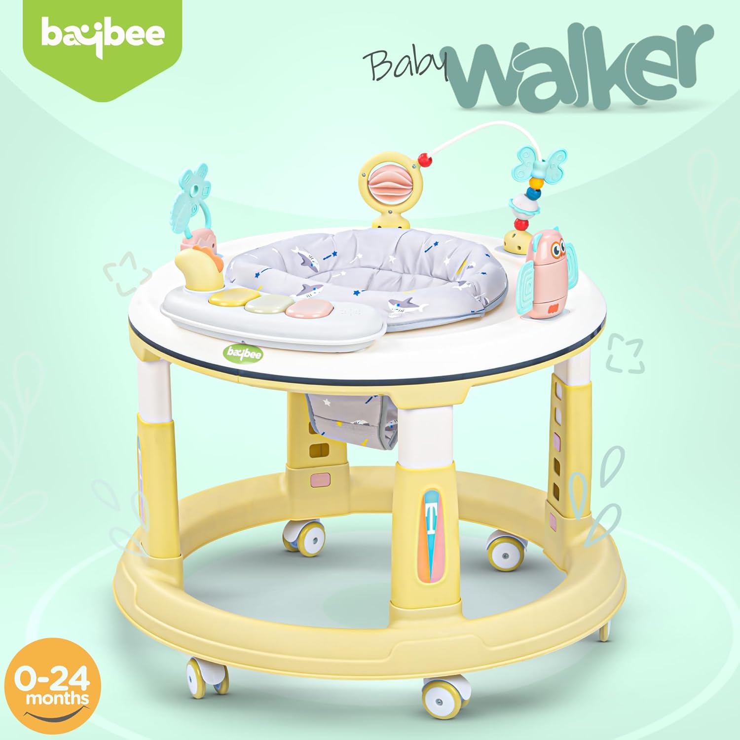 Minikin Melody Round Baby Walker | 360 Deg Seat Rotation | Foldable & Height Adjustable | Musical Toy Bar | 6M - 24M