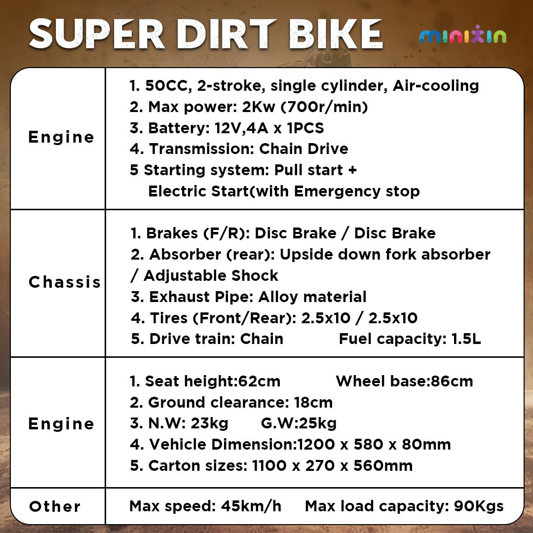 Petrol Powered Dirt Bike | 49CC 2-Stroke Engine | 5-15 Years