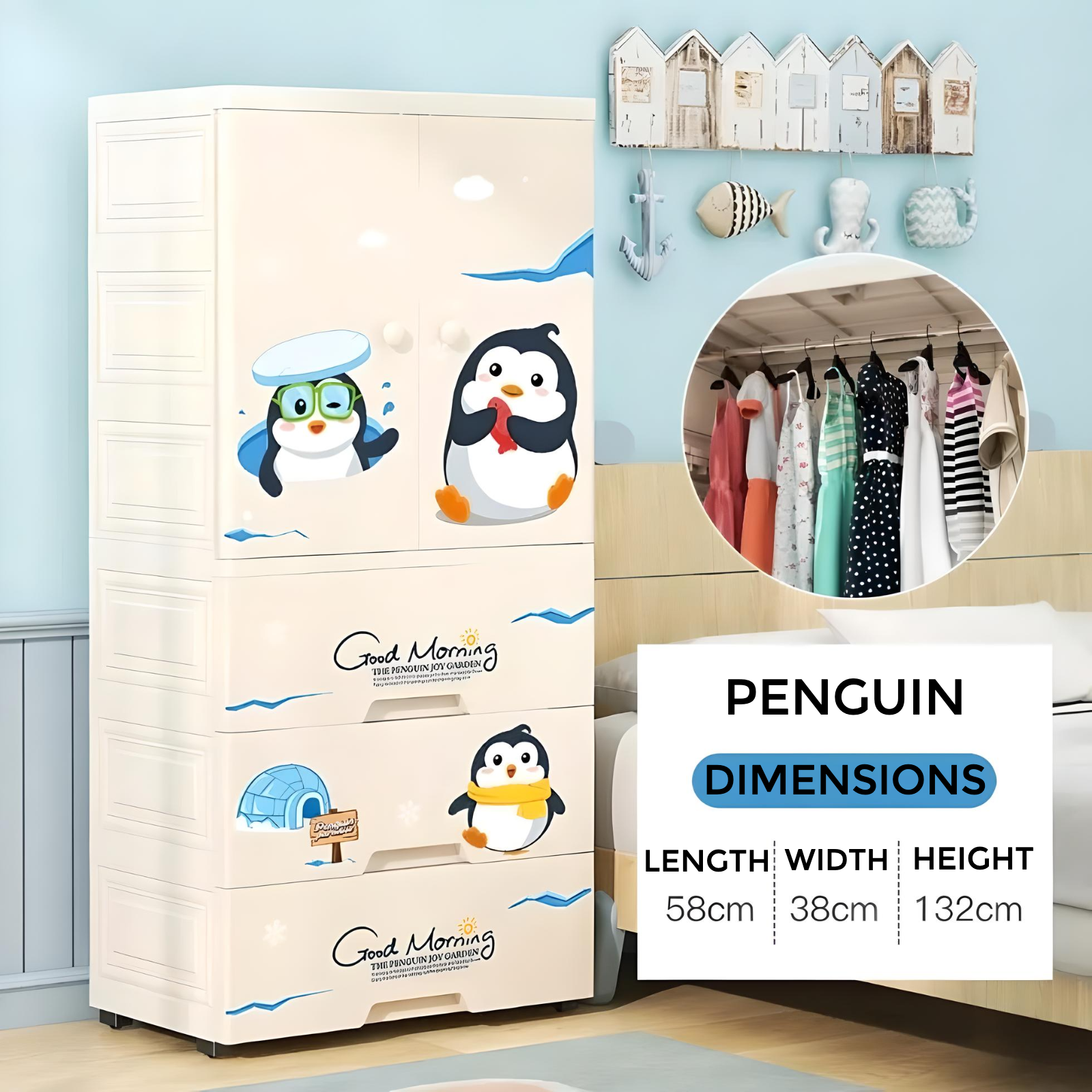 Minikin Penguin Wardrobe I Storage Cabinet I Portable Almirah with Drawers