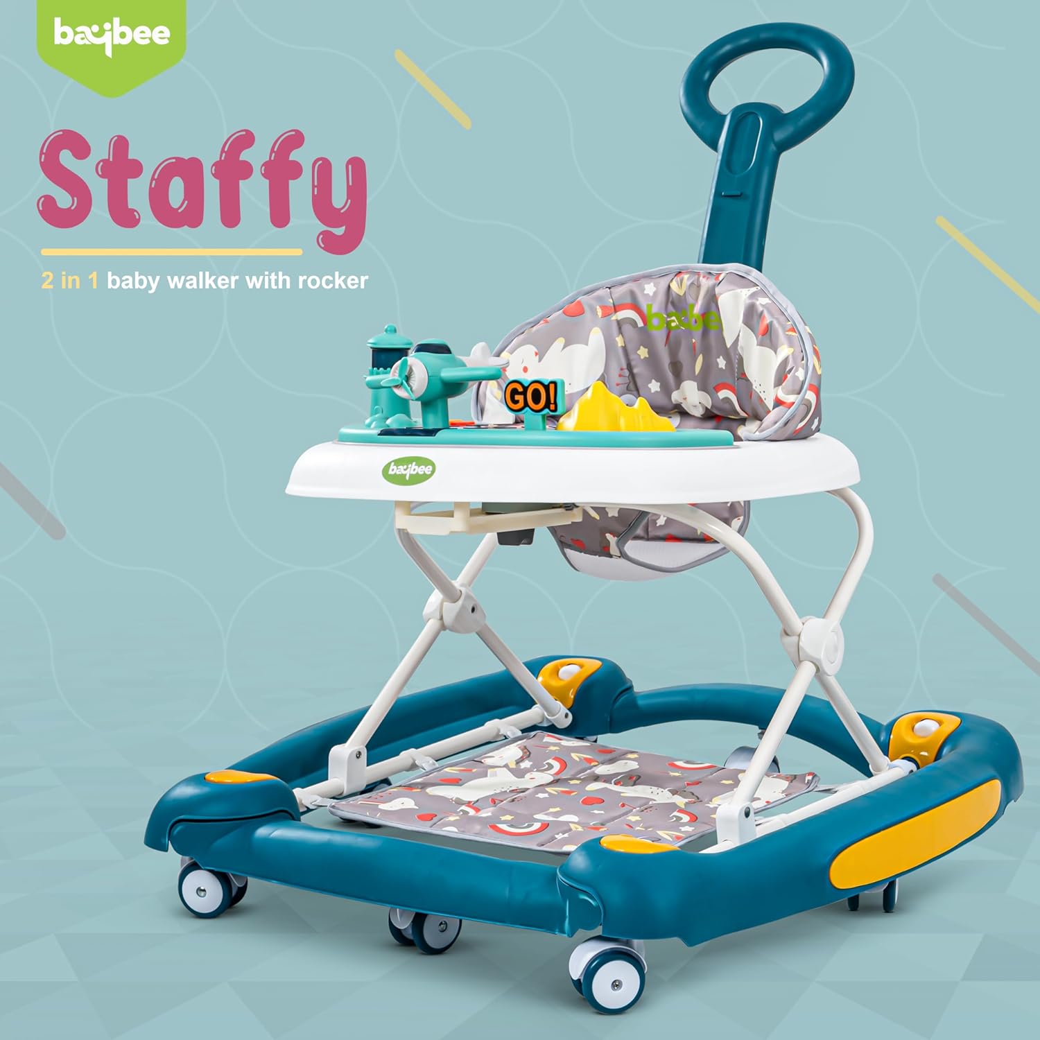 Minikin Staffy 3in1 Baby Walker cum Rocker | Parental Control | Musical Toy Bar | Foldable Design I 6M - 18M