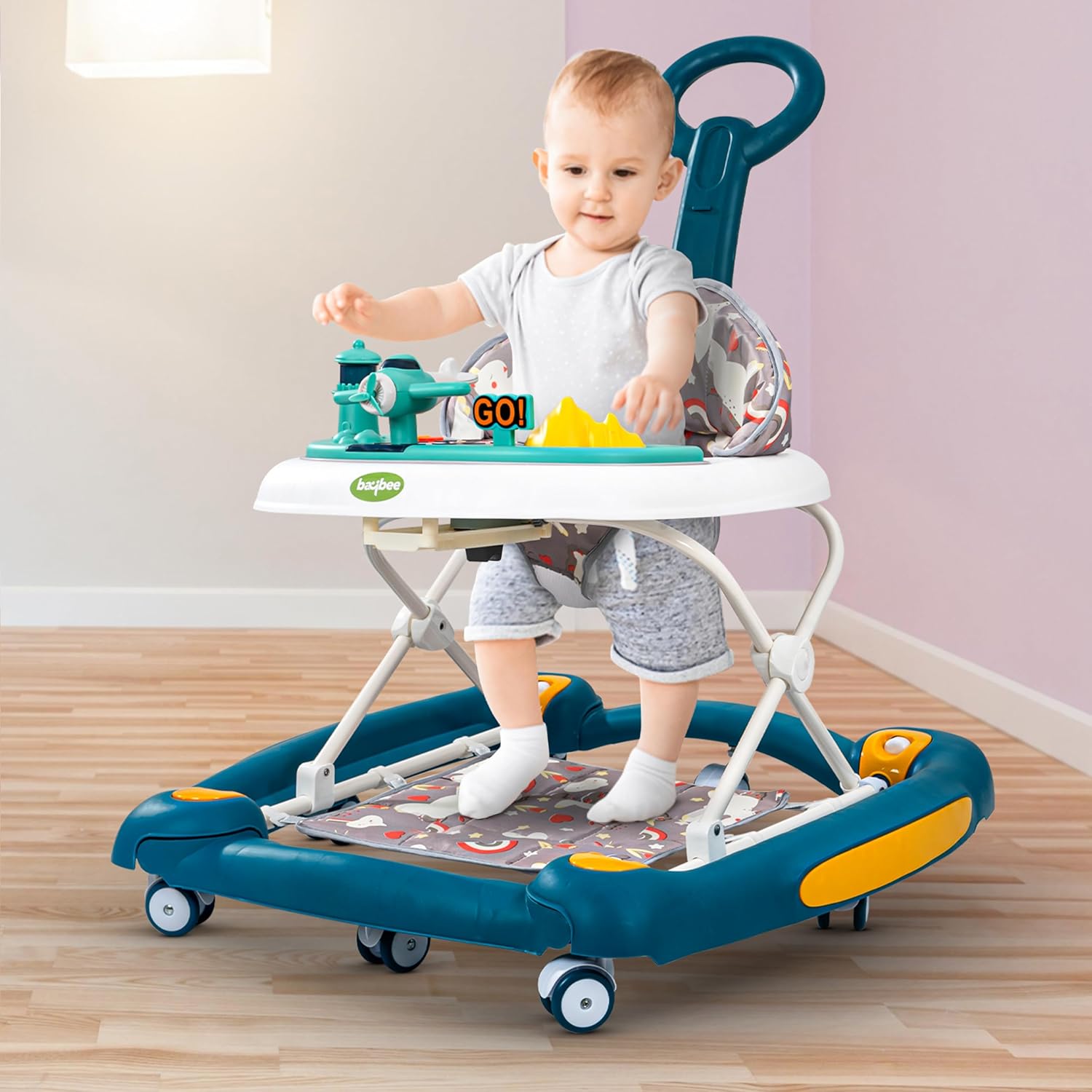 Minikin Staffy 3in1 Baby Walker cum Rocker | Parental Control | Musical Toy Bar | Foldable Design I 6M - 18M