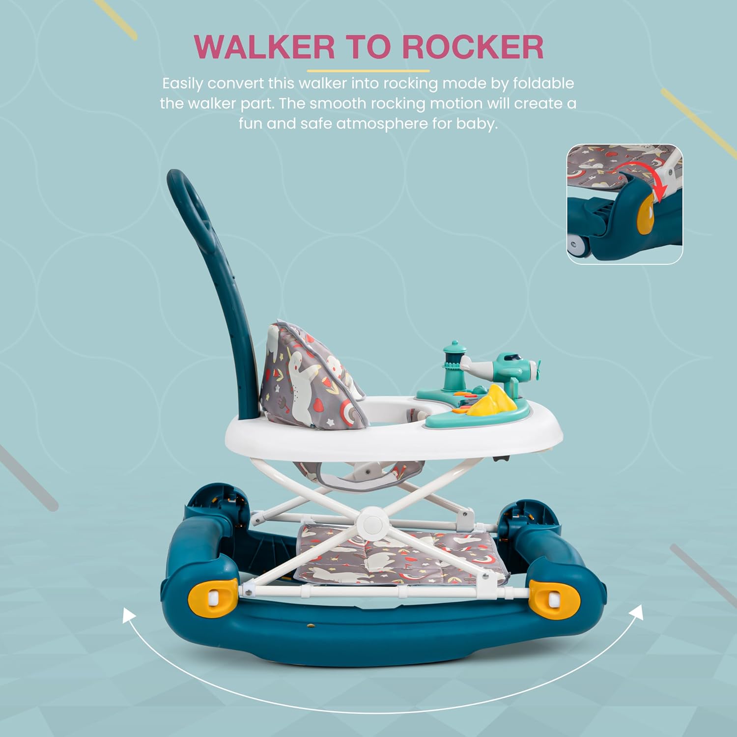 Minikin Staffy 3in1 Baby Walker cum Rocker | Parental Control | Musical Toy Bar | Foldable Design I 6M - 18M